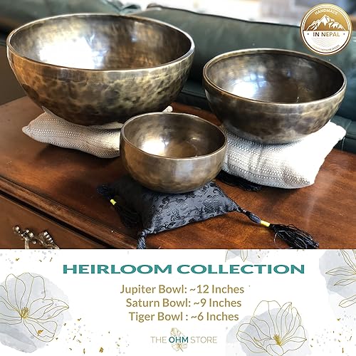 Miniatura 6 de Ohm Store - Juego de cuencos tibetanos grandes para meditación de tono profundo, tono puro, martillado a mano en Nepal, el cuenco Sunset Bowl de 6.5
