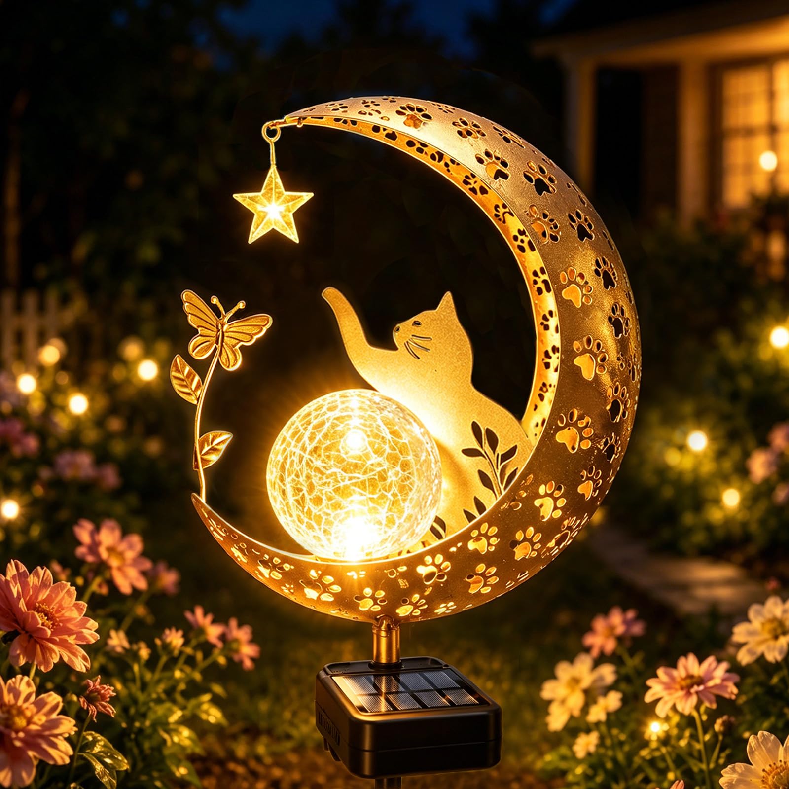 Solarleuchten Outdoor Dekorative Mond Katze Solar Pfahl Lichter Gartenarbeit Geschenke für Frauen Garten Ornamente Wasserdicht für Gehweg, Hof, Rasen, Terrasse