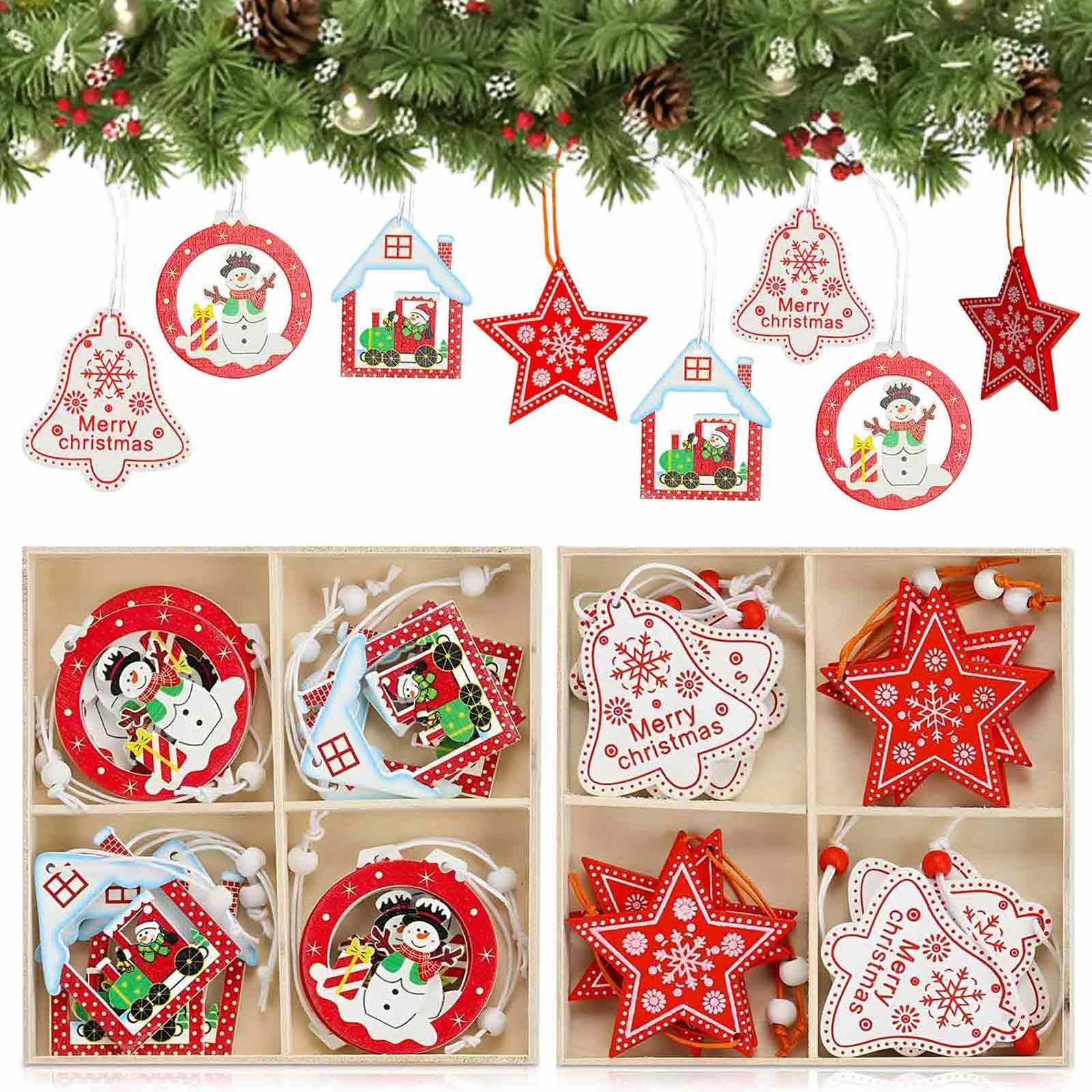 Adornos Arbol Navidad Madera,4 Estilos 24 Piezas Decoracion Navidad Arbol, Colgantes Arbol de Navidad con Cuerda,para Etiqueta de Regalos Manualidades Navidad Adornos