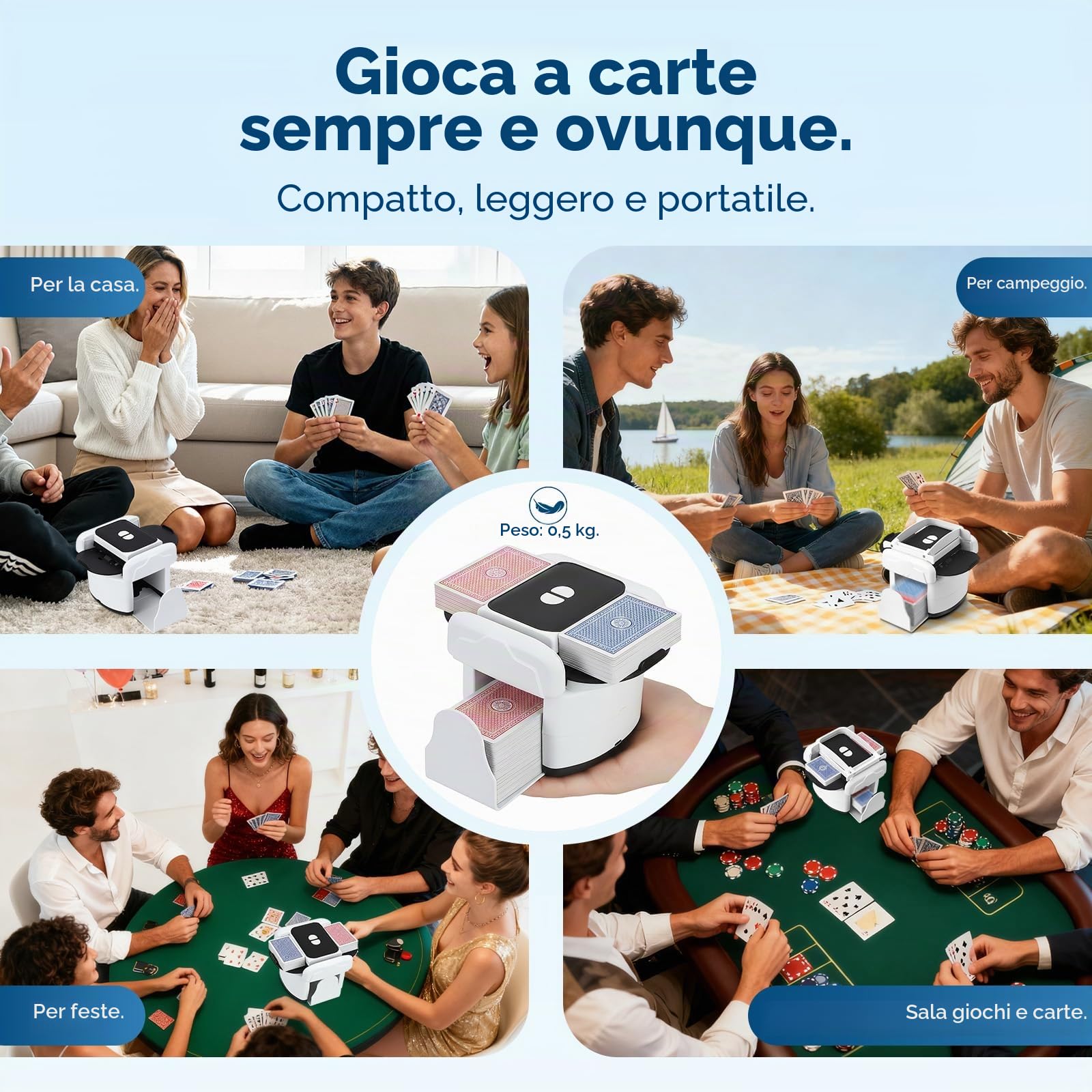 Mischia Carte Automatico, Mescolatore Carte da Gioco Elettrico per 1-4 Mazzi, modalità Auto e Manuale, Ricaricabile, Basso Rumore per Poker, Uno, Blackjack, Skip-Bo, Phase 10, Texas Hold'em