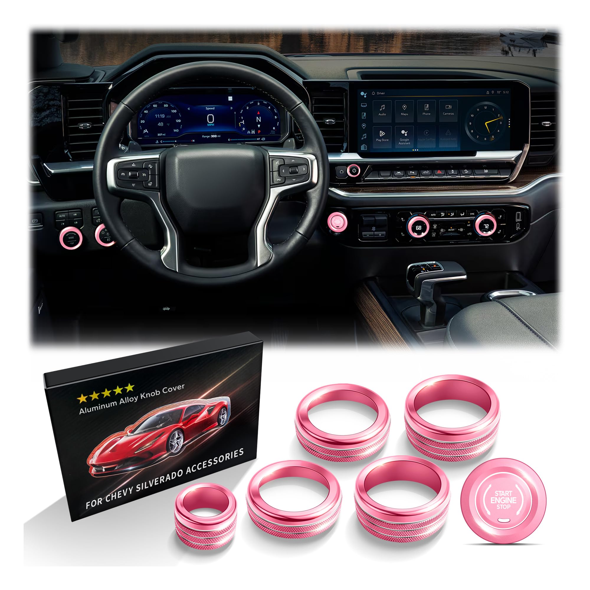 Polodunn for 2022-2025 2026 Chevy Silverado 1500 Accessories &amp; 2024-2026 Chevrolet Silverado 2500HD/3500HD, 7pcs Aluminum Alloy Knob Cover Trim Kit (Pink) - Push Start, AC, Volume, Headlight &amp; Mode