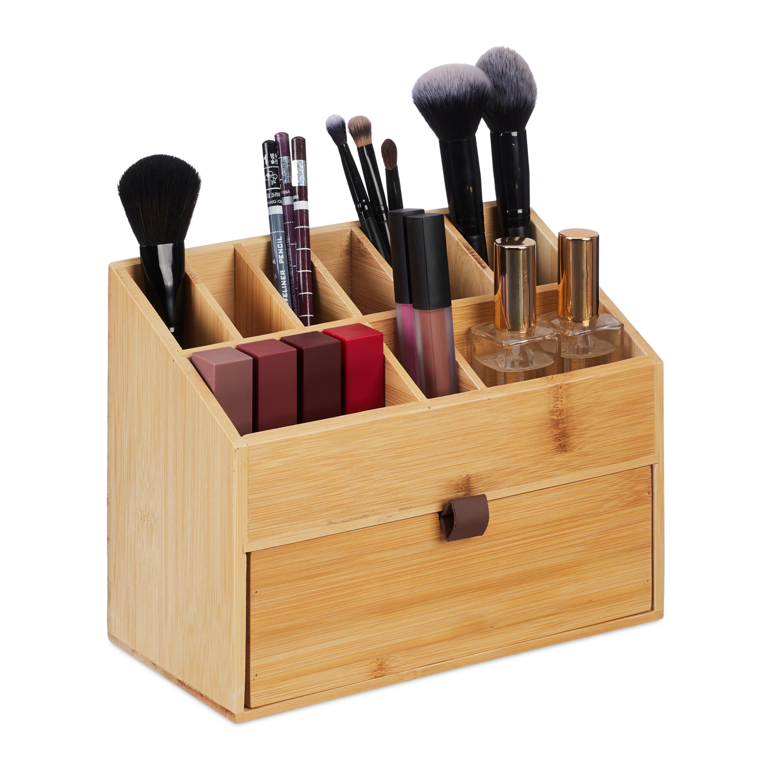 Relaxdays Organizer in bambù per Cosmetici, Porta Trucchi, 19 x 25,​5 x 12,​5 cm, Portapennelli e 1 Cassetto, Naturale