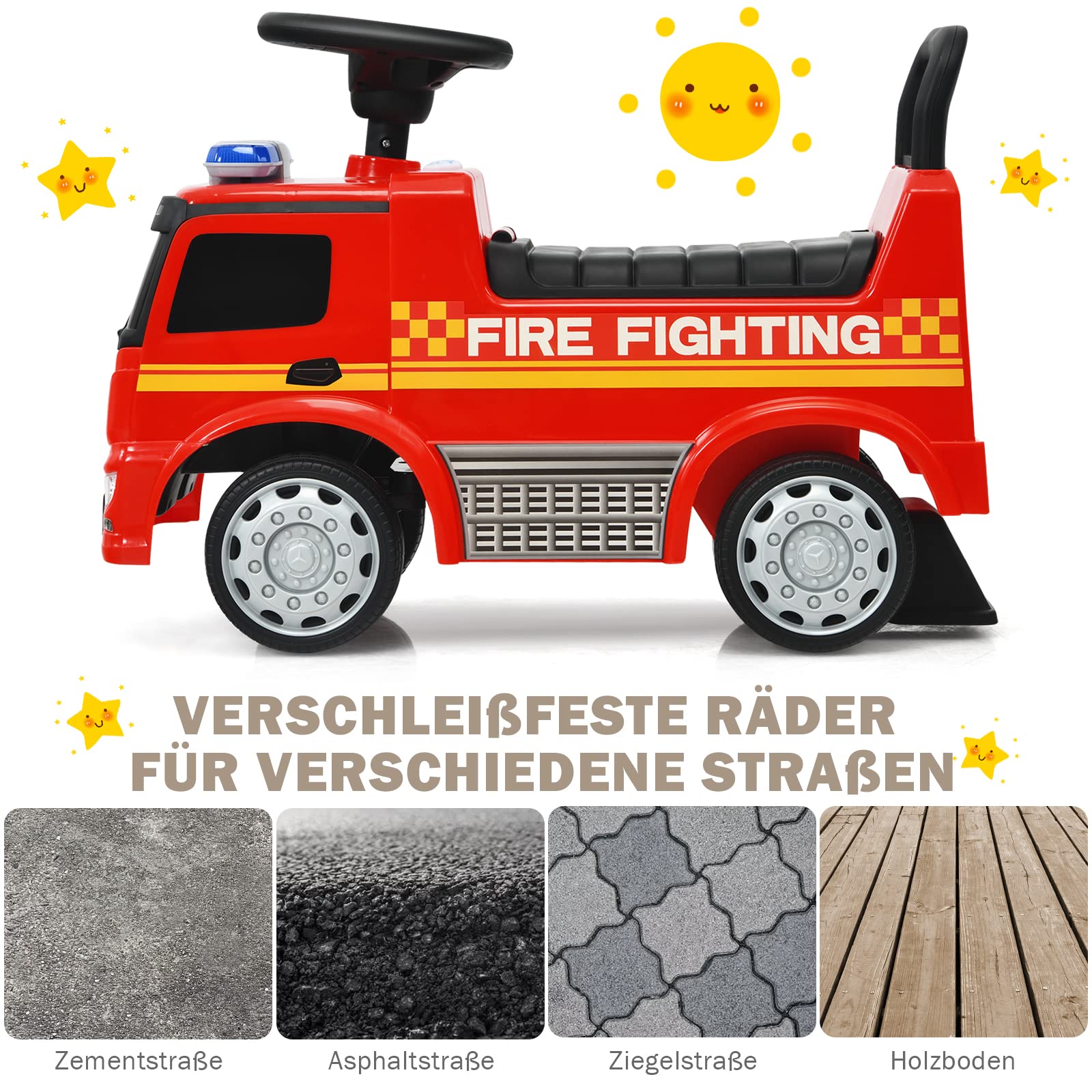 DREAMADE Rutschauto mit Lichter, Musik und Sirene, Rutscher für Kinder 18-36 Monate, Rutscherfahrzeug mit Kippkübel & Abnehmbarer Schaufel (Feuerwehrwagen)