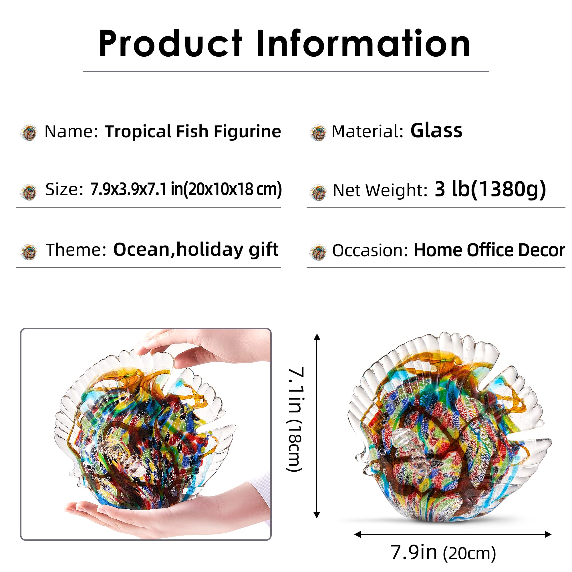 EUSTUMA Figurines de poissons tropicaux en verre soufflé à la main, sculpture d'animaux marins pour aquarium, collection d'animaux marins pour cadeau d'anniversaire, sculpture en verre
