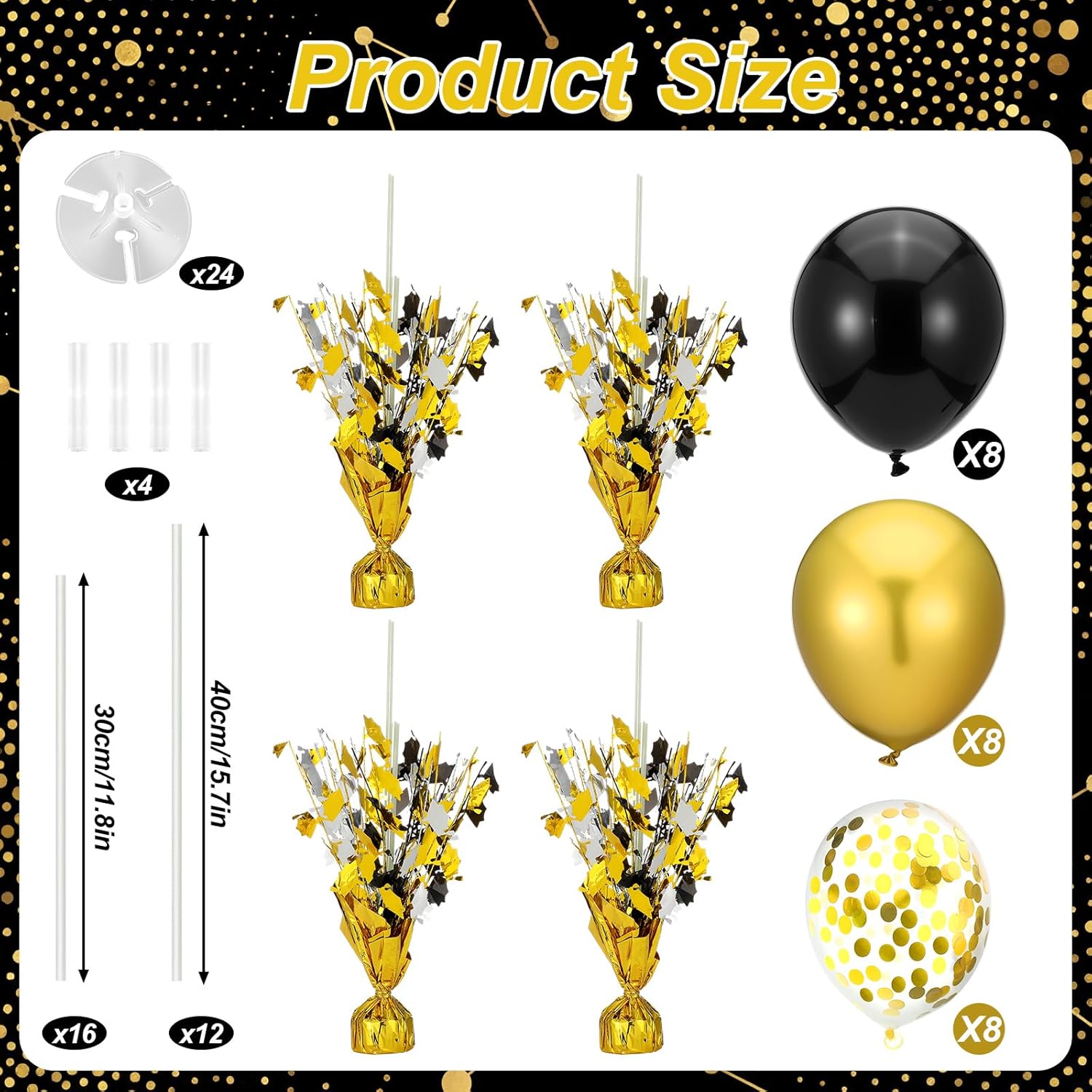 4 Set Black and Gold 2026 Graduation Table Centerpiece Party Decoration Metallic Foil Spray Centerpiece Glitter Decor Balloon Stand Kit Table Decor for Graduation Party with Grad Caps