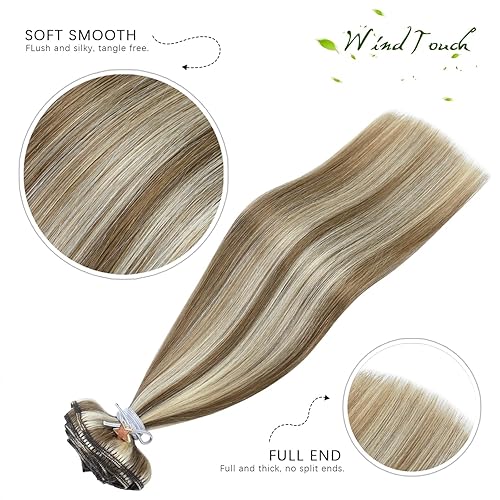 Miniatura 2 de WindTouch Extensiones de cabello humano real con pinzas, balayage, color rubio ceniza a rubio platino, con reflejos gruesos para cabeza completa, 14
