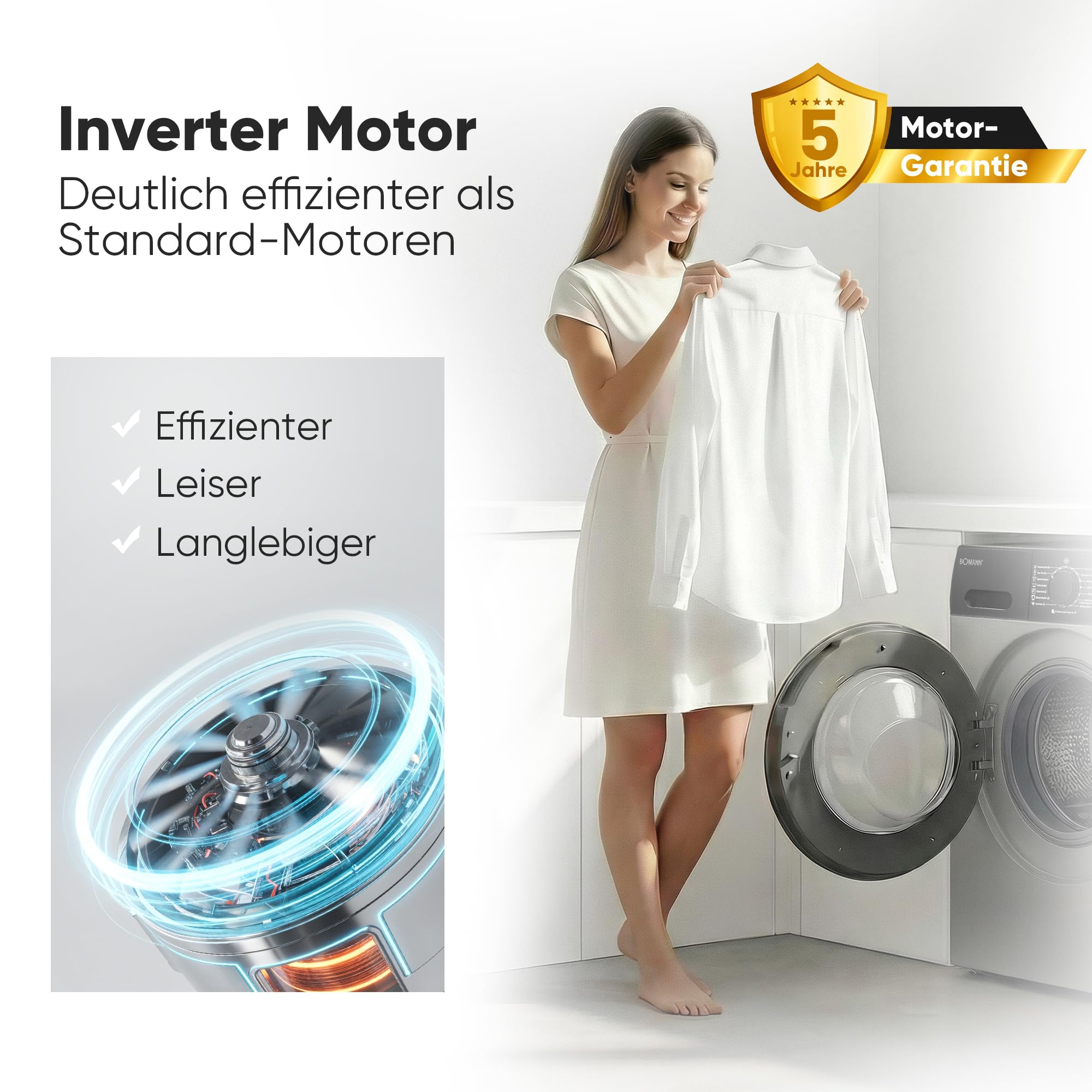 Bomann WA 7188 Waschmaschine 8kg 1400 U/min Invertermotor Dampffunktion LED-Display titan-schwarz