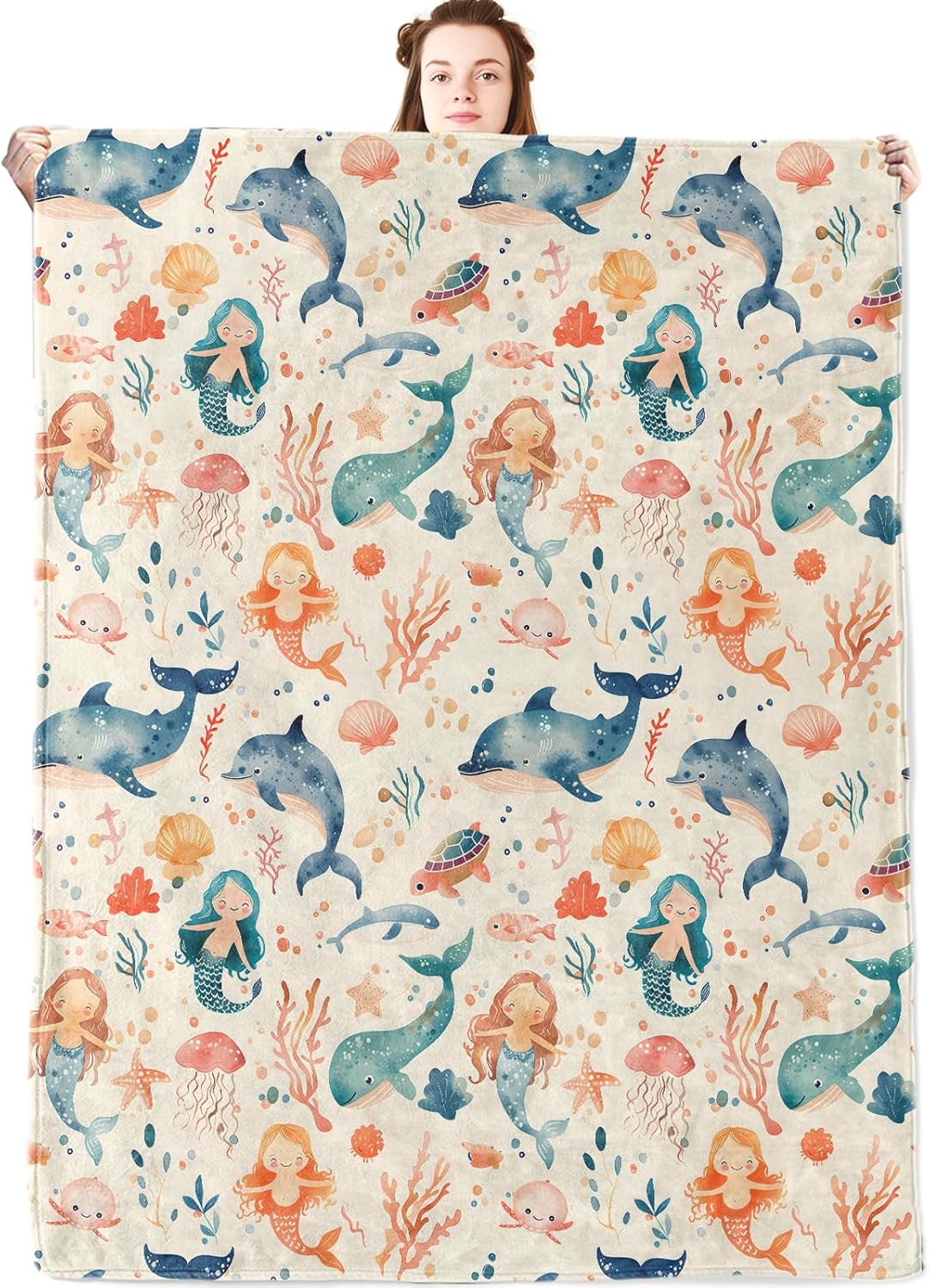 Mermaid Adventure Flannel Blanket,Marine Life Throw with Cute Whale,Dolphin,Turtle,Coral and Jellyfish,Lightweight Fleece Blankets for Ocean Lover,Couch,Bed,Beach,Camping Decor Gifts,60x50in