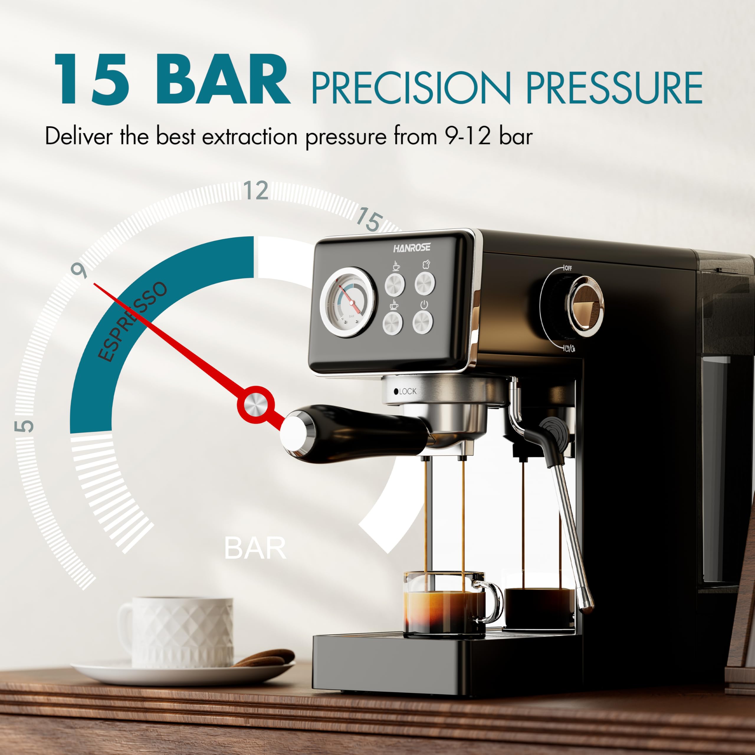 Hanrose Espresso Machine 15 Bar, Compact Espresso Machines with Milk Frother Steam Wand, Stainless Steel Espresso Maker, barista coffee machine, Latte, Cappuccino Machine for Home