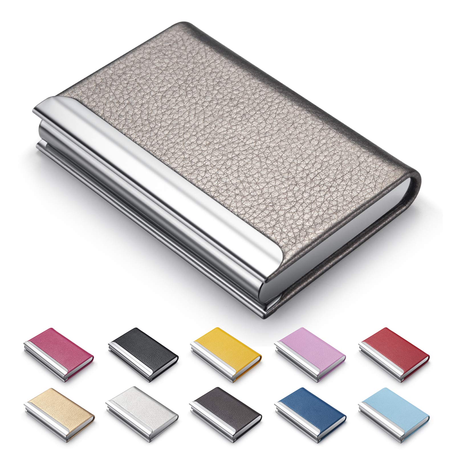 MAZYPOBusiness Card Holder, Luxury PU Leather & Stainless Steel, Grey, Adults, Unisex, Magnetic Closure