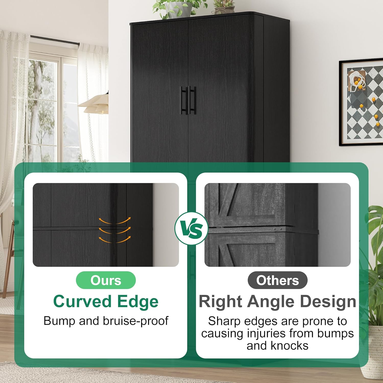 72” Tall Kitchen Storage Pantry, 31.5”W Modern Cabinet Wood Cupboard with Storage Shelves, Pantry Cabinet with 4 Doors for Kitchen, Dining Room, Living Room, Black