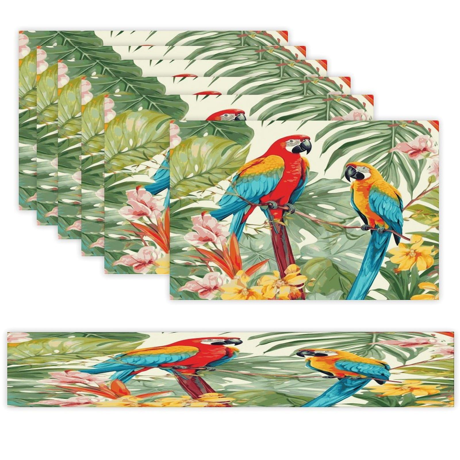 Tropical Plants and Parrots Table Runner and Placemats Set of 6 Wipe Clean Heat Resistant Table Mat with Table Runner Decorations Flax Linen Place Mat Set for Home Kitchen Party Supplies