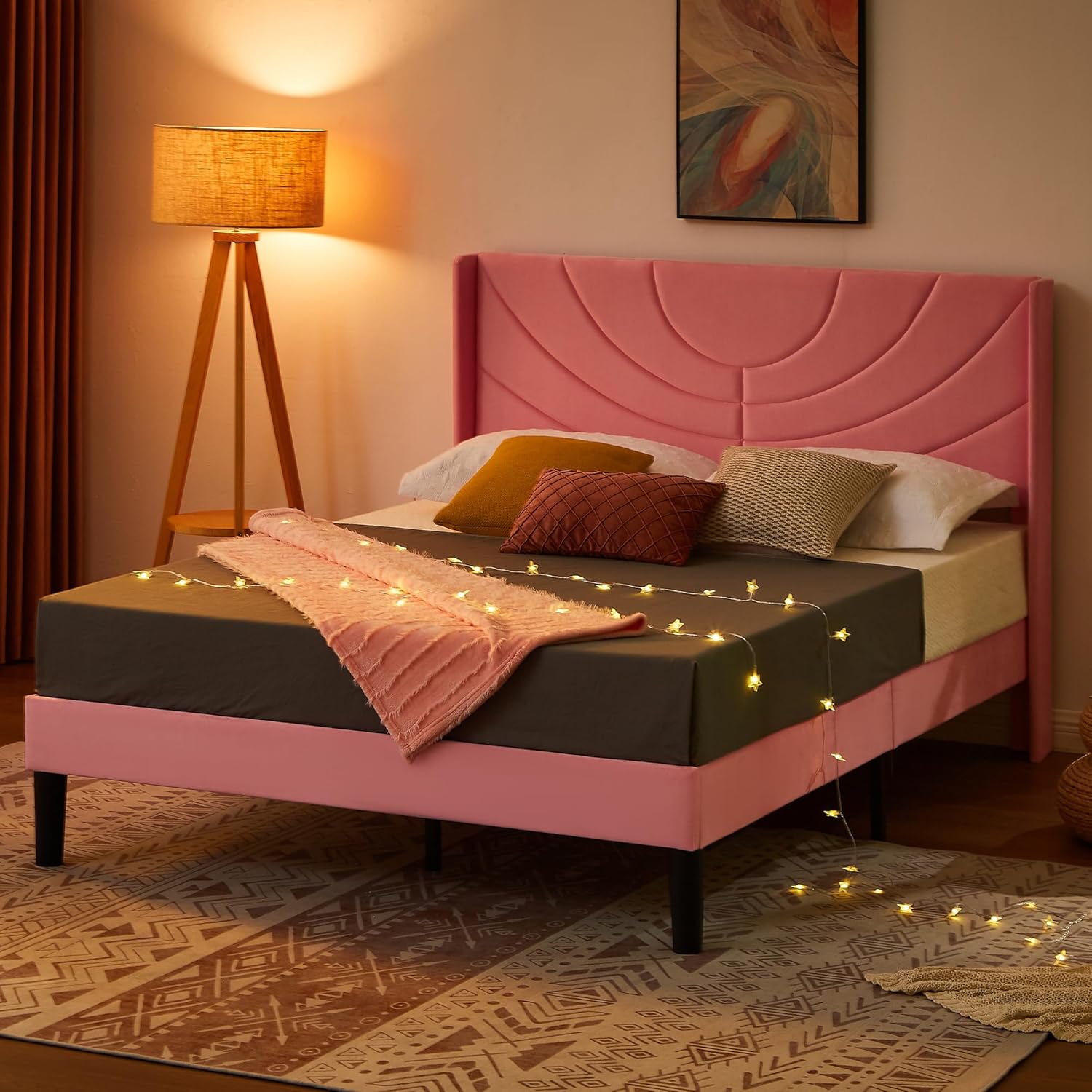 VECELO Queen Size Bed Frame Upholstered Platform with Fabric Headboard/Wooden Slats Support/No Box Spring Needed/Mattress Foundation,Pink