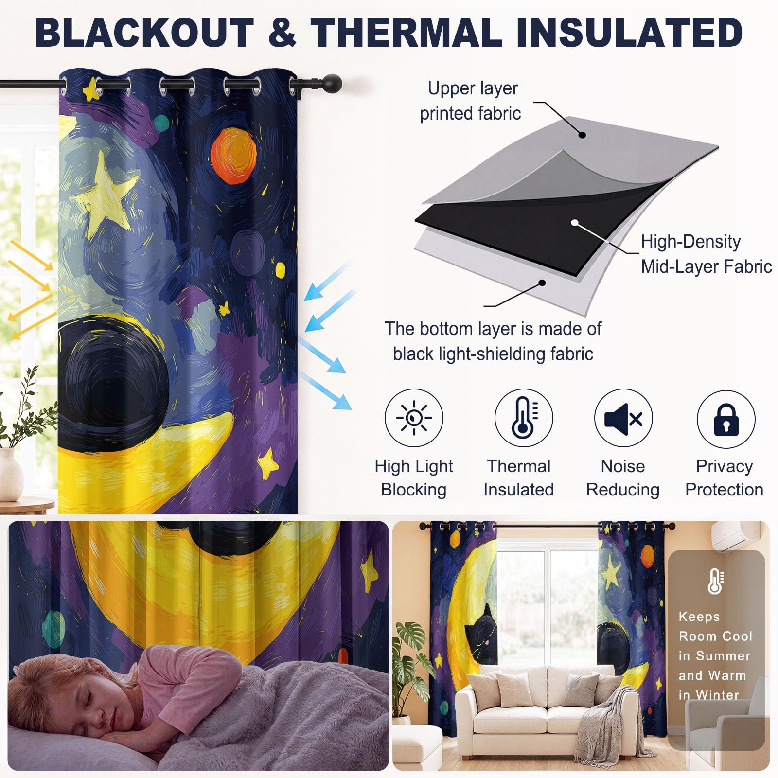 Rideau Occultant Peinture à l'huile Fantaisie Animal L 110 x H 215 cm, Lune Chat Rideaux et Draperies pour Enfants Filles Chambre Salon Rideaux de Fenêtre Thermiques Isolants