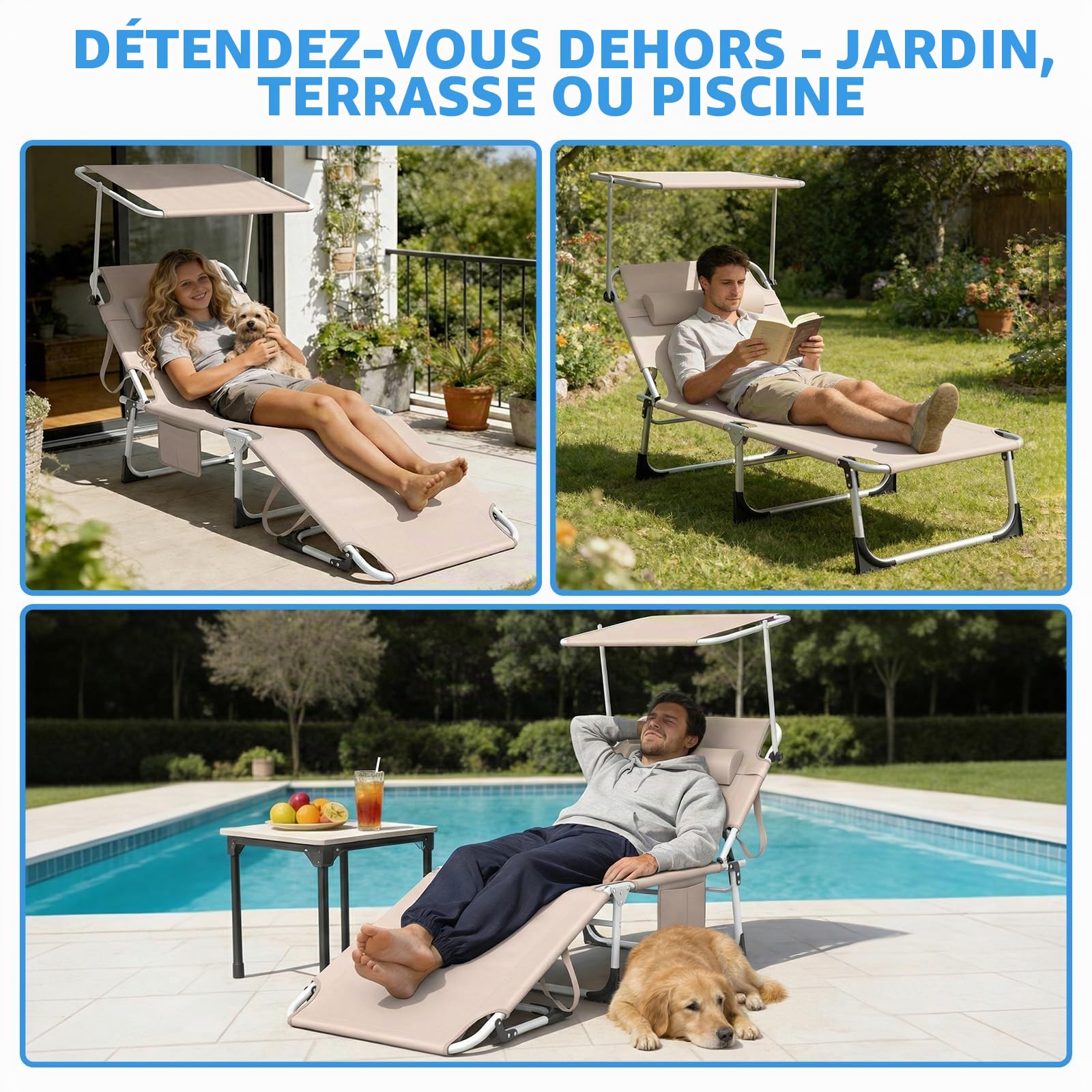 Huracan Chaise longue pliable avec toit, Chaise longue de jardin plus large avec dossier réglable 4 fois, chaise longue d’extérieur portable avec coussin pour la tête, chaise longue de plage