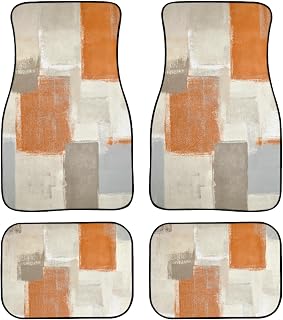 Beige and Orange Car Mats Set of 4 Abstract Art Painting Modern Grunge Style Contemporary Decorative Floor Mats for Cars Universal Front Rear Vehicle Rugs Auto Accessories for Trucks Sedans