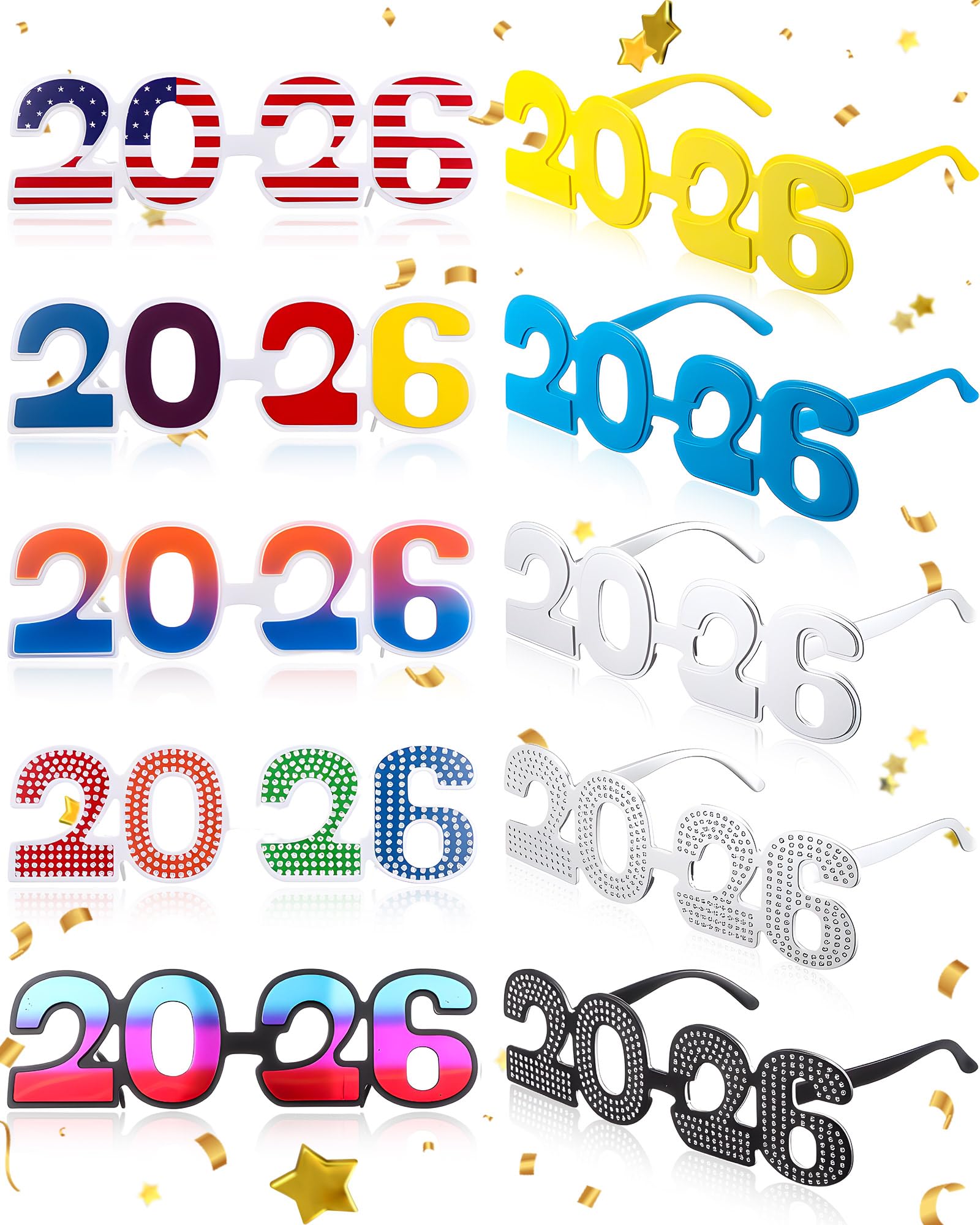 Riceshoot 10 Pairs 2026 New Years Glasses 2026 New Years Eve Party Favors Supplies Eyeglasses Glitter Number Glasses Props Eyeglasses for Party Photo