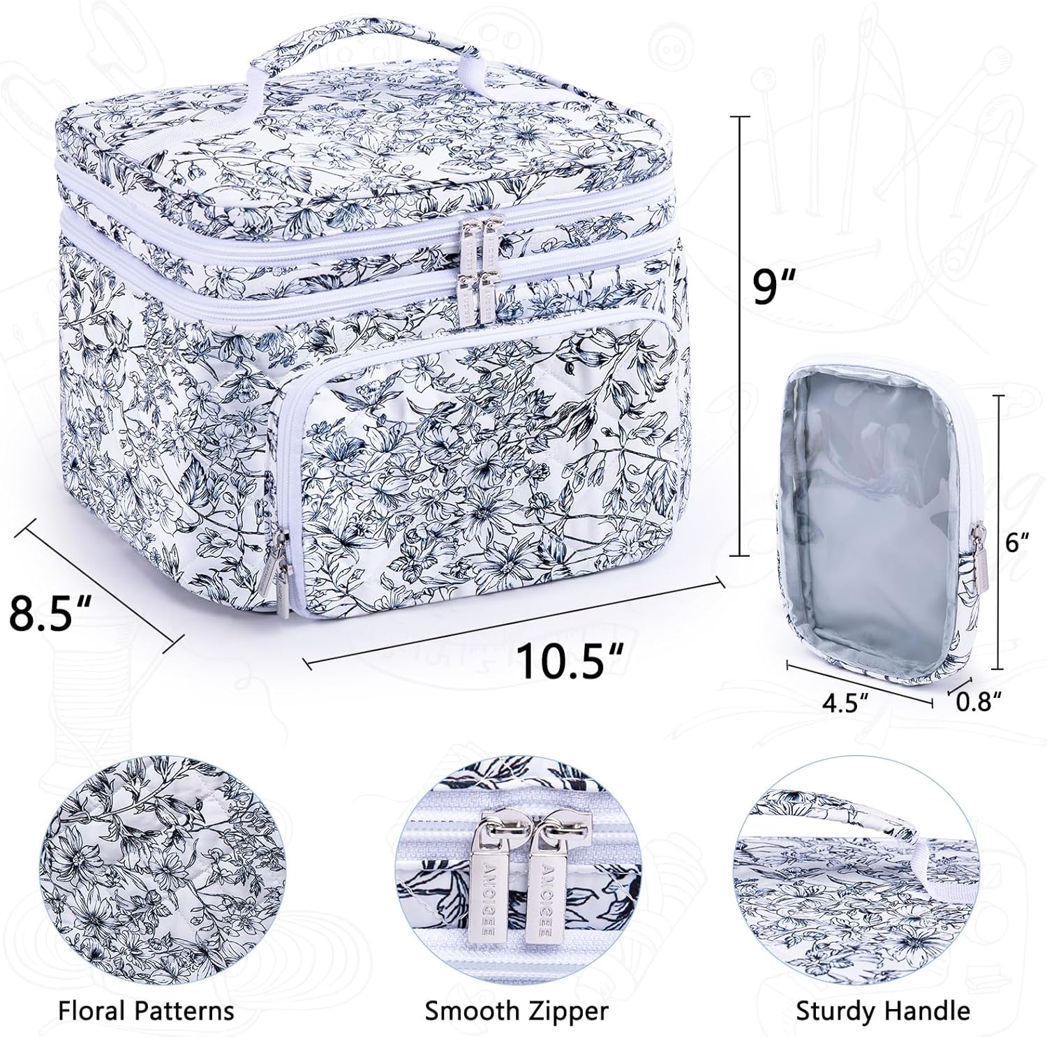 AMOIGEE Double-Layer Sewing Organizer Storage Bag with 2 Detachable Pouches, Large Quilted Sewing Basket for Supplies & Tools, Portable Travel Sewing Kit Case, Gift for Mom(Bag ONLY)