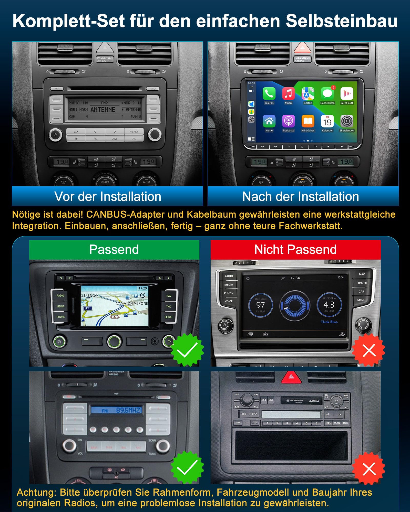 VW Autoradio mit Bildschirm 2+64GB für Golf 5 6 Polo T5 Passat Touran Seat Skoda, 2Din Bluetooth Auto Radio mit Navi DAB WLAN FM/AM, Apple Carplay, Android Auto, Lenkrad Strg,Android 14 (9 Zoll)