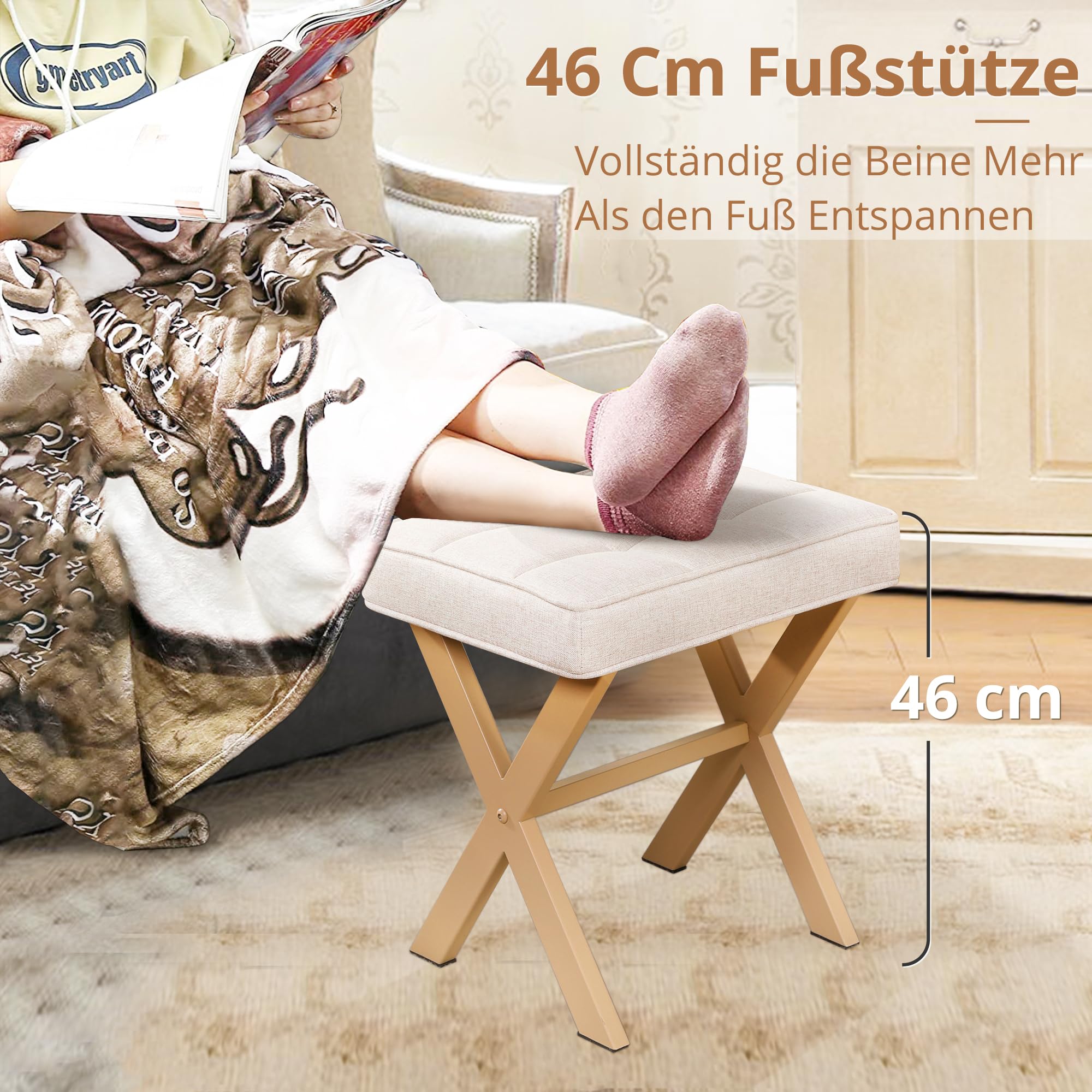 LUE BONA Fußhocker,Make-up Hocker mit X-Bein,Polsterhocker,Schminkhocker,Ottoman Sitz Fußstütze Hocker,Leinen Sitzhocker für Wohnzimmer,Schlafzimmer,43 x 33 x 46 cm,Leinen-Sand