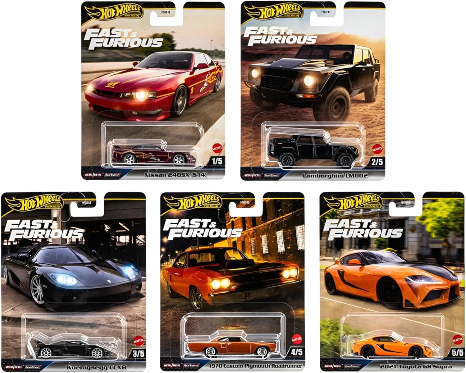 1:64 Premium Diecast Set – Complete 5-Car Collection | Real Rubber Tires | Nissan 240SX, Lamborghini LM002, Koenigsegg CCXR, ’70 Plymouth Roadrunner, Toyota GR Supra