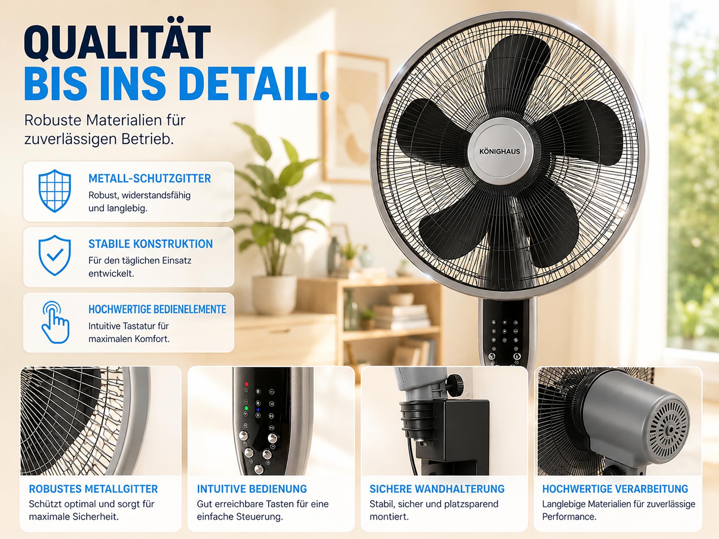 Könighaus 3-in-1 Ventilator – Stand-, Tisch- & Wandmontage | WLAN Smart Home (Alexa, Tuya) | Fernbedienung | Oszillierender Standventilator | Timer | Natürlicher Luftstrom | Starke Kühlung bis 20 m