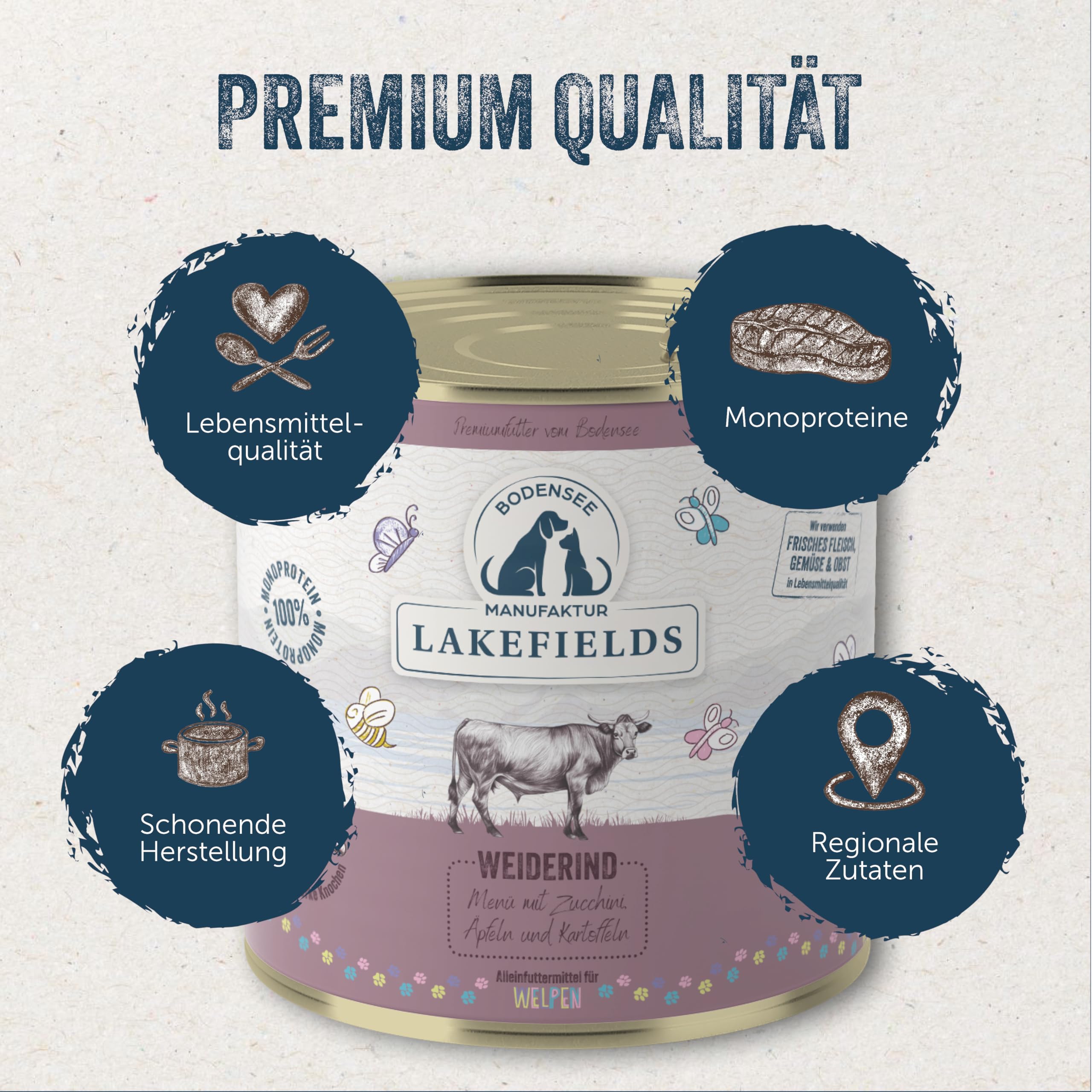 Lakefields Nourriture humide de qualité supérieure pour chiots - Bœuf 61 % - 6 x 800 g - Sans céréales - Ingrédients naturels de qualité alimentaire - Pommes, courgettes et carottes - Cuites