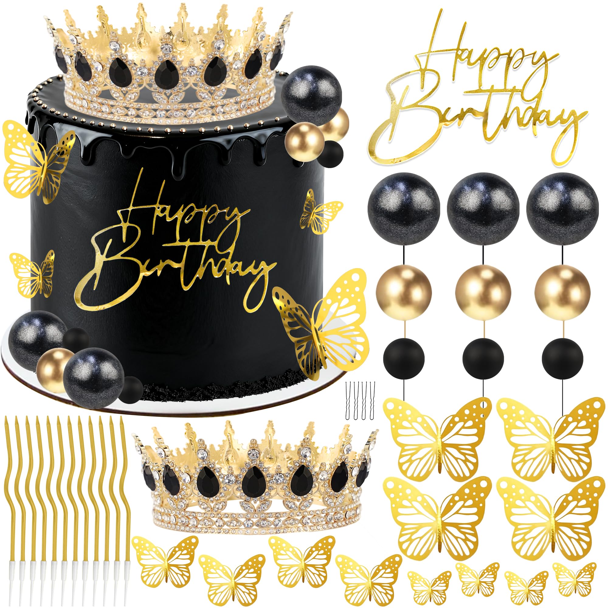Happy Birthday Crown Cake Topper Candles Butterfly Balls Decoration