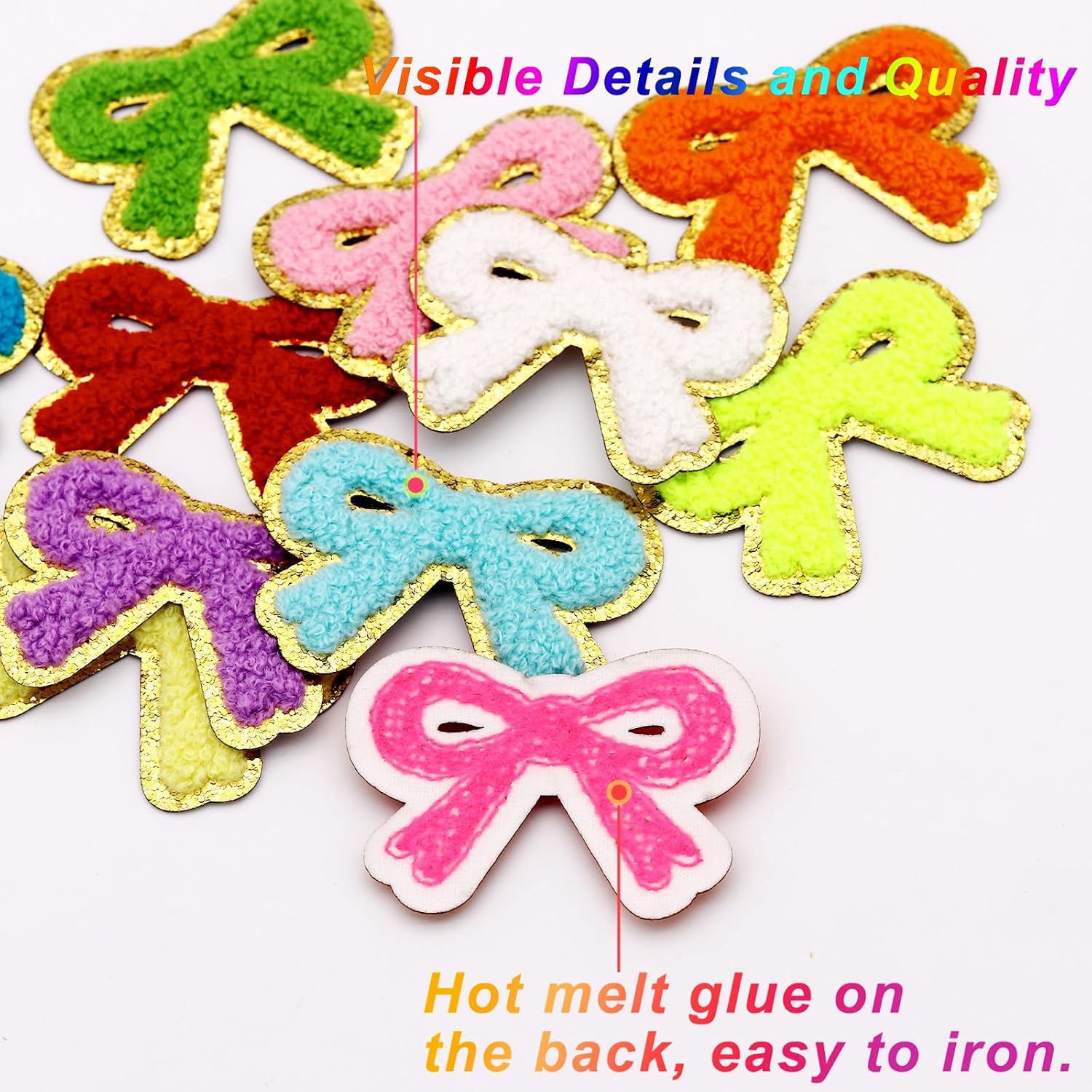12pcs Bow Iron on Patches Embroidered Motif Applique Deco Sew on Patches Gold Edges Chenille Bow Embroidered Patches for Clothing, Jeans, Arts Craft Sew Making (Bow 12pcs) image 3
