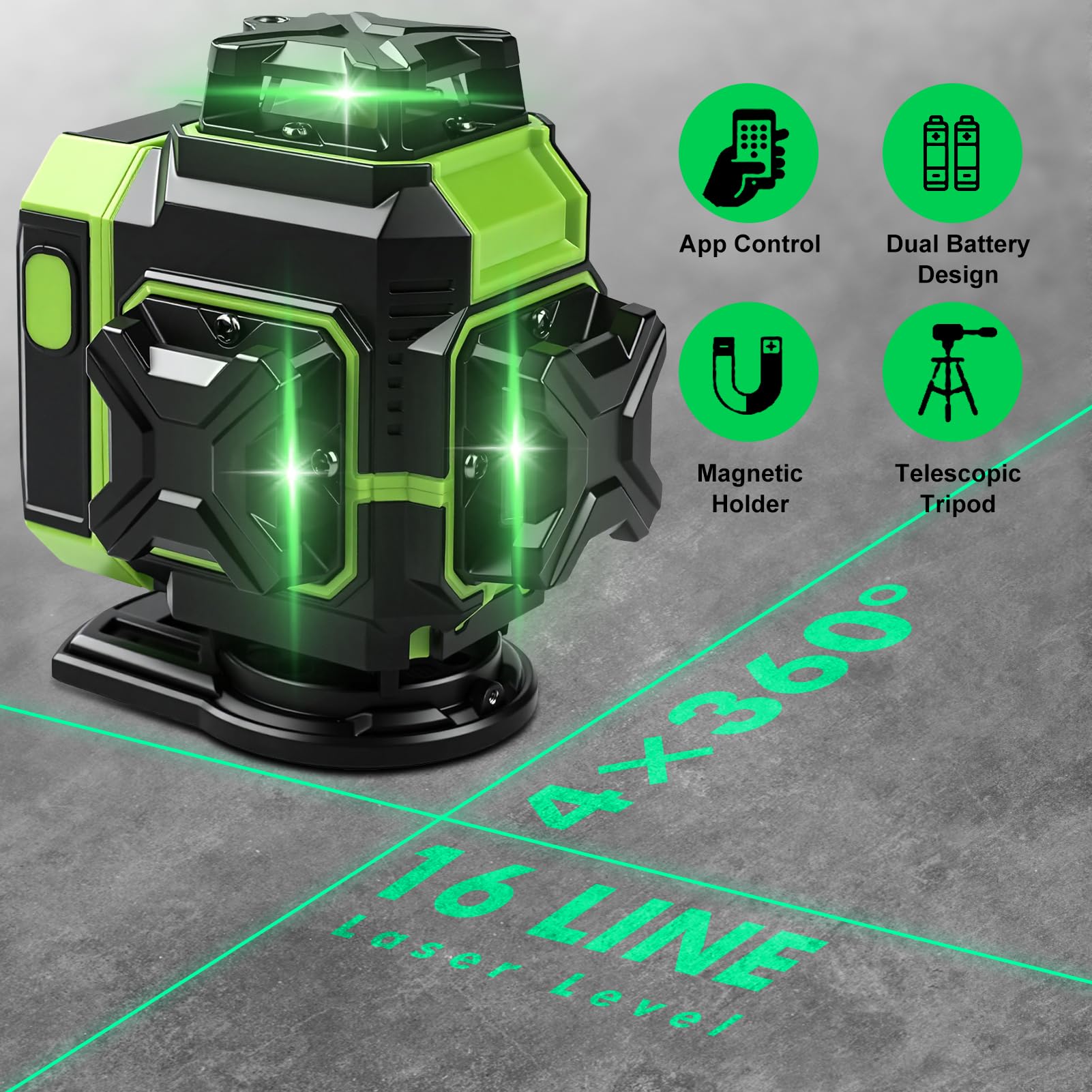 Nivel Laser Autonivelante 16 líneas 360 Grados, 4 x 360 Láser de línea con Trípode, Plataforma Elevadora y Soporte de Pared, Batería, Control Remoto, láser Cruzado Uso Interior y Exterior, verde