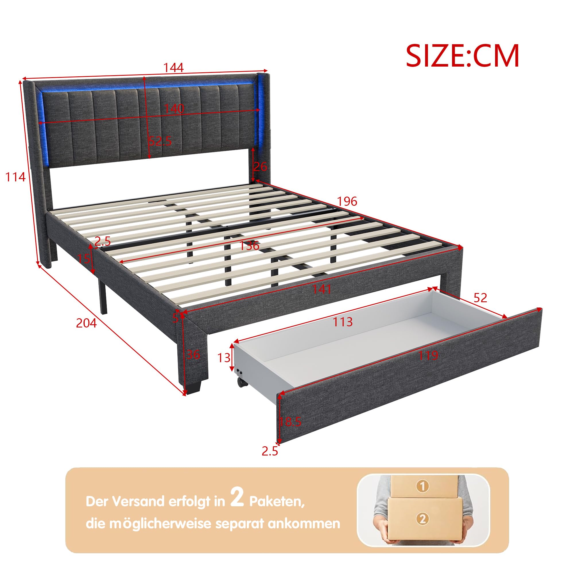 Letto Matrimoniale con contenitore 140 x 200 cm con presa USB C, funzione di ricarica, letto imbottito on spazio di archiviazione, letto matrimoniale con rete a doghe, Testiera Regolabile, Grigio