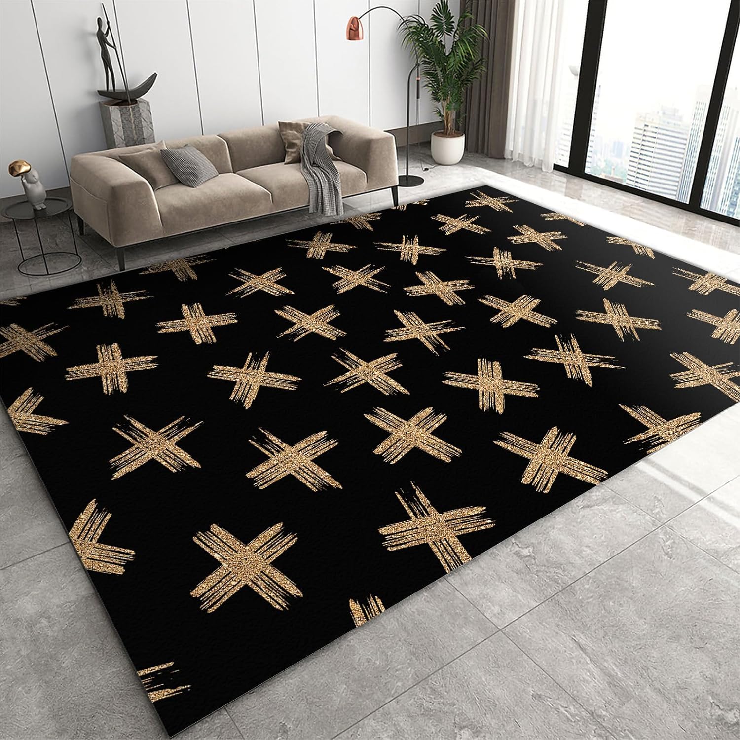 6.6x5.3 Area Rug Black Gold Cross Graffiti Rugs Floor Carpet, Golden Graffiti Cross Indoor Non-Slip Rugs for Room Sofa Living Room Mat Bedroom Home Decor Floor Mats