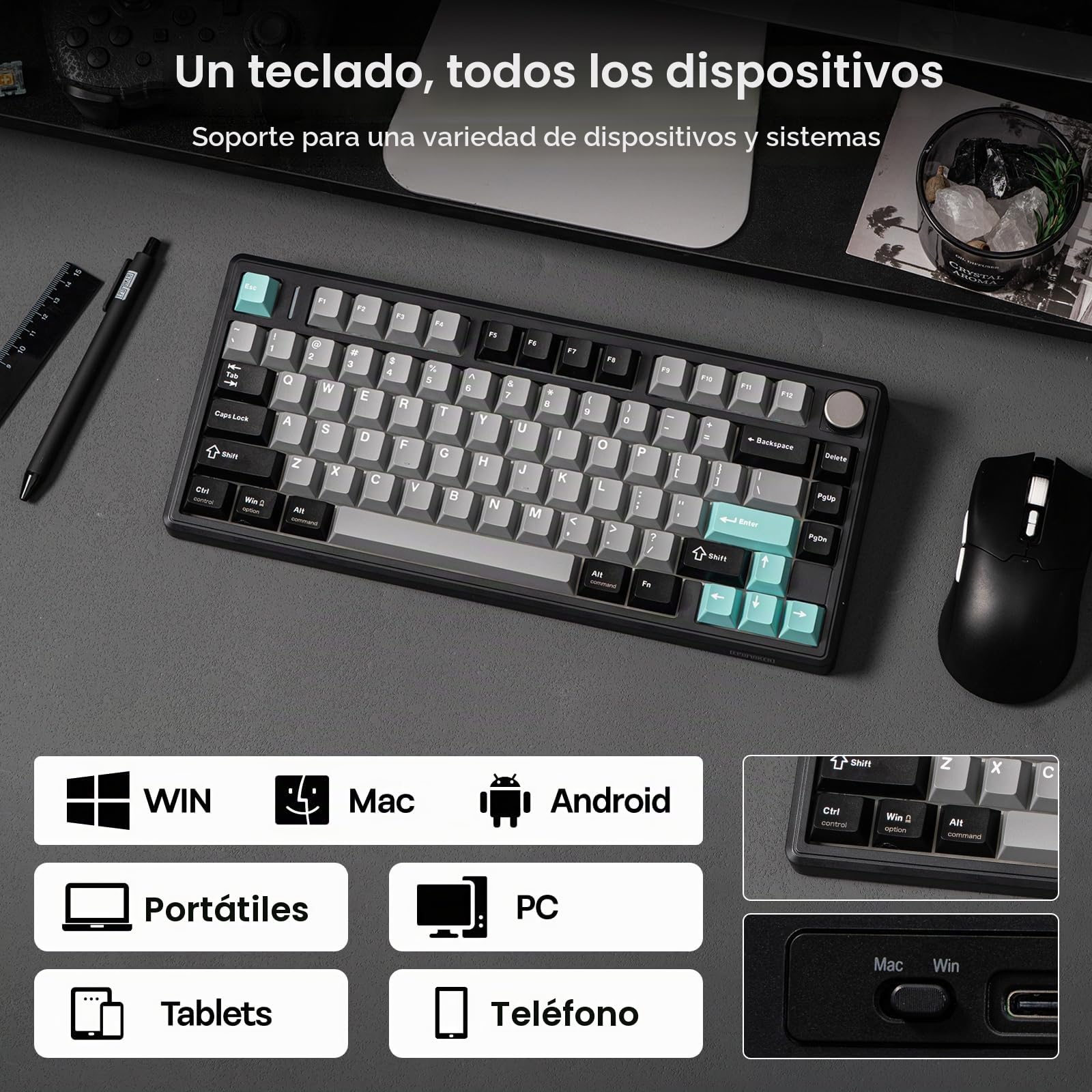 EPOMAKER TH80 V2 75% Teclado Gaming Mecánico Inalámbrico, 8000mAh&2.4G/BT, Hot-Swap, Tecla PBT, Modificador de Mac, RGB&Luz Lateral, Tecla Programable&Perilla, para Mac/PC (Negro, Creamy Jade)