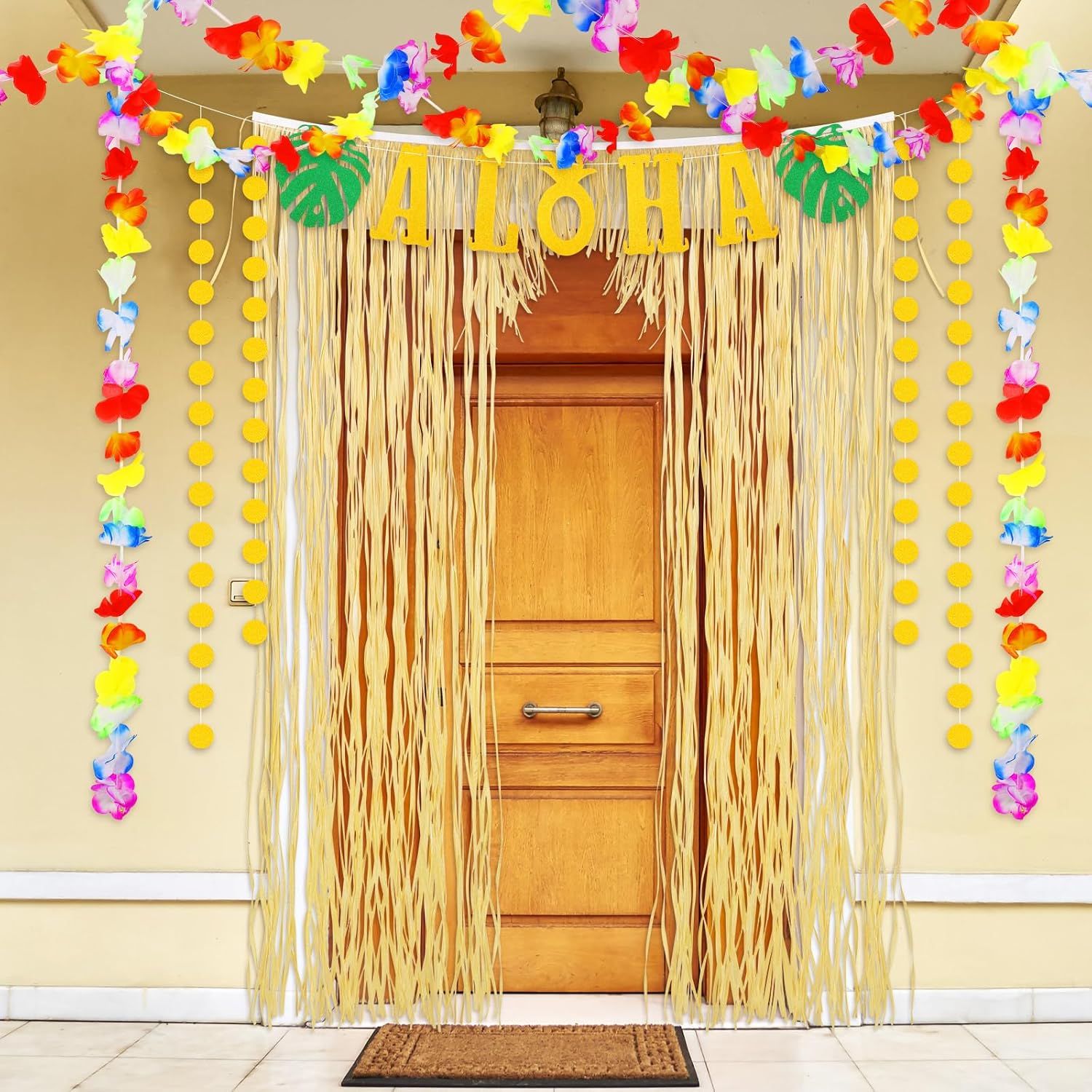 Dingion 4 Pcs Hawaiian Aloha Party Decor Luau Theme Party Supply Tiki Decor Summer Raffia Door Curtain, Gold Glittery Aloha Banner, 2 Tropical Luau Leis for Hawaiian Holiday Birthday Wedding Beach