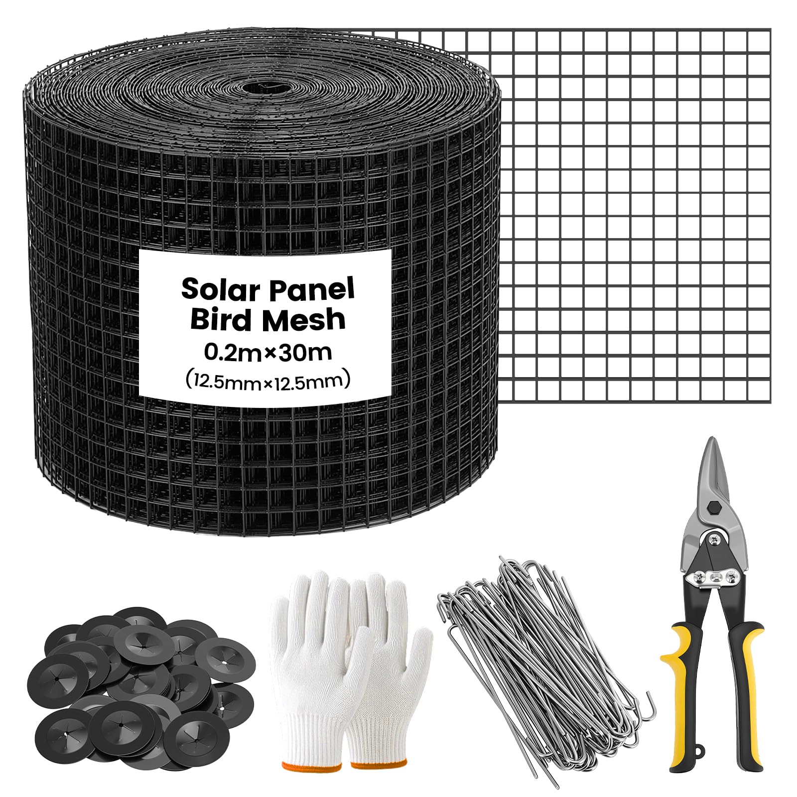 Solar Panel Bird Mesh Kit, 20cm x 30m PVC Coated Wire Guard with 70 Clips