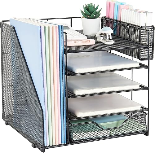 LEKETREE Organizadores y accesorios de escritorio, organizador de bandeja de papel de 5 niveles con soporte para archivos, organizador de escritorio