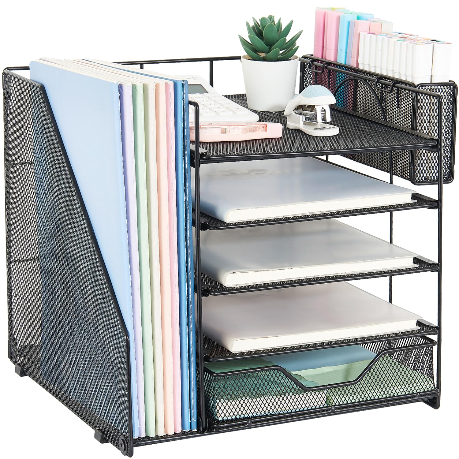Desk Organizers and Storage, 5-Tier Paper Letter Tray Organizer with Drawer and Pen Holder, Suitable for Home Office and Desk Accessories Storage(Black)