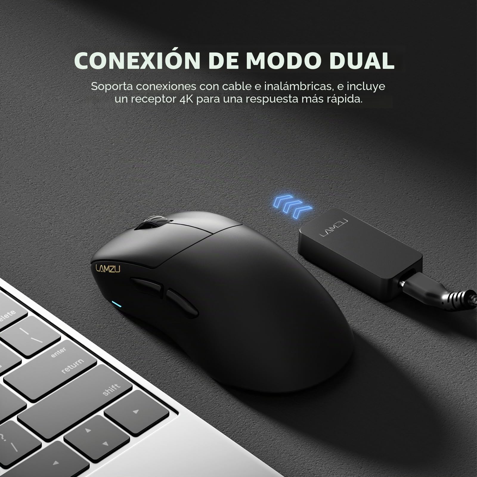 Lamzu Thorn - Ratón inalámbrico 4K para juegos, ultraligero de 52 g, 26000 DPI, ergonómico, interruptor óptico, codificador TTC plateado, sensor PAW3395, MCU Nordic 52840, negro, dongle 4K incluido