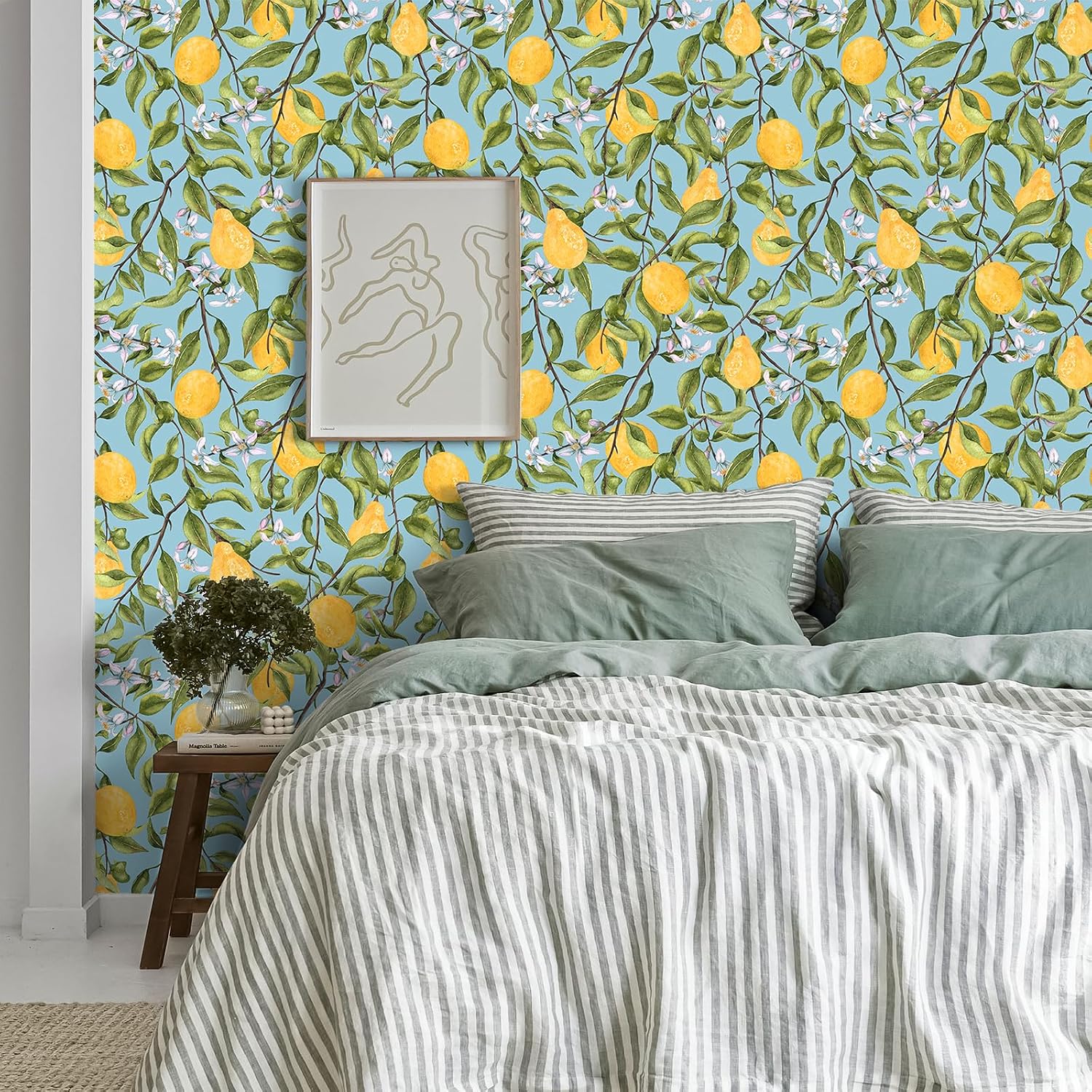 VEELIKE Vintage Lemon Peel and Stick Wallpaper Blue Citrus Fruit Wallpaper for Kitchen Bathroom 17.7''x354'' Removable Prepasted Lemon Wall Paper Blue Contact Paper for Walls Living Room Bedroom