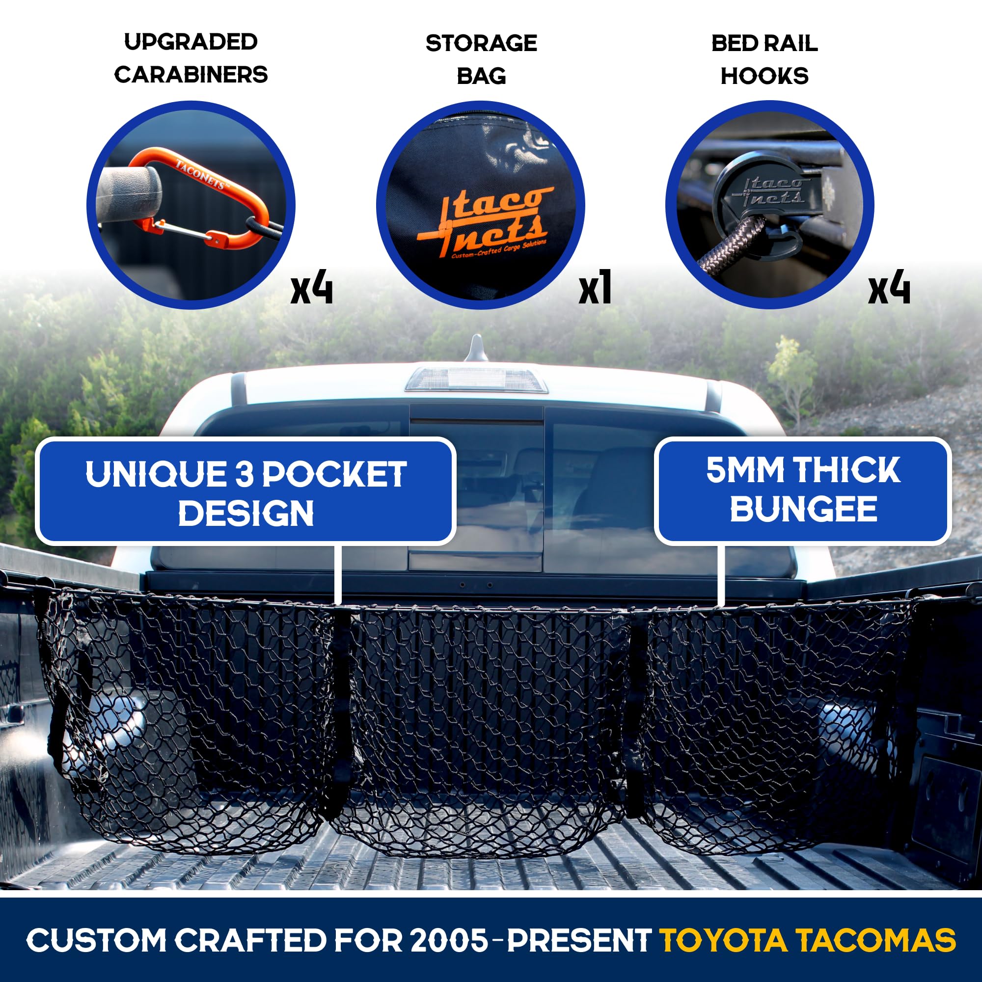 Three Pocket Cargo Net for 2005-2024 Toyota Tacoma - Patented Design - Premium Truck Bed Organizers & Storage - Grocery Holder - Designed in USA