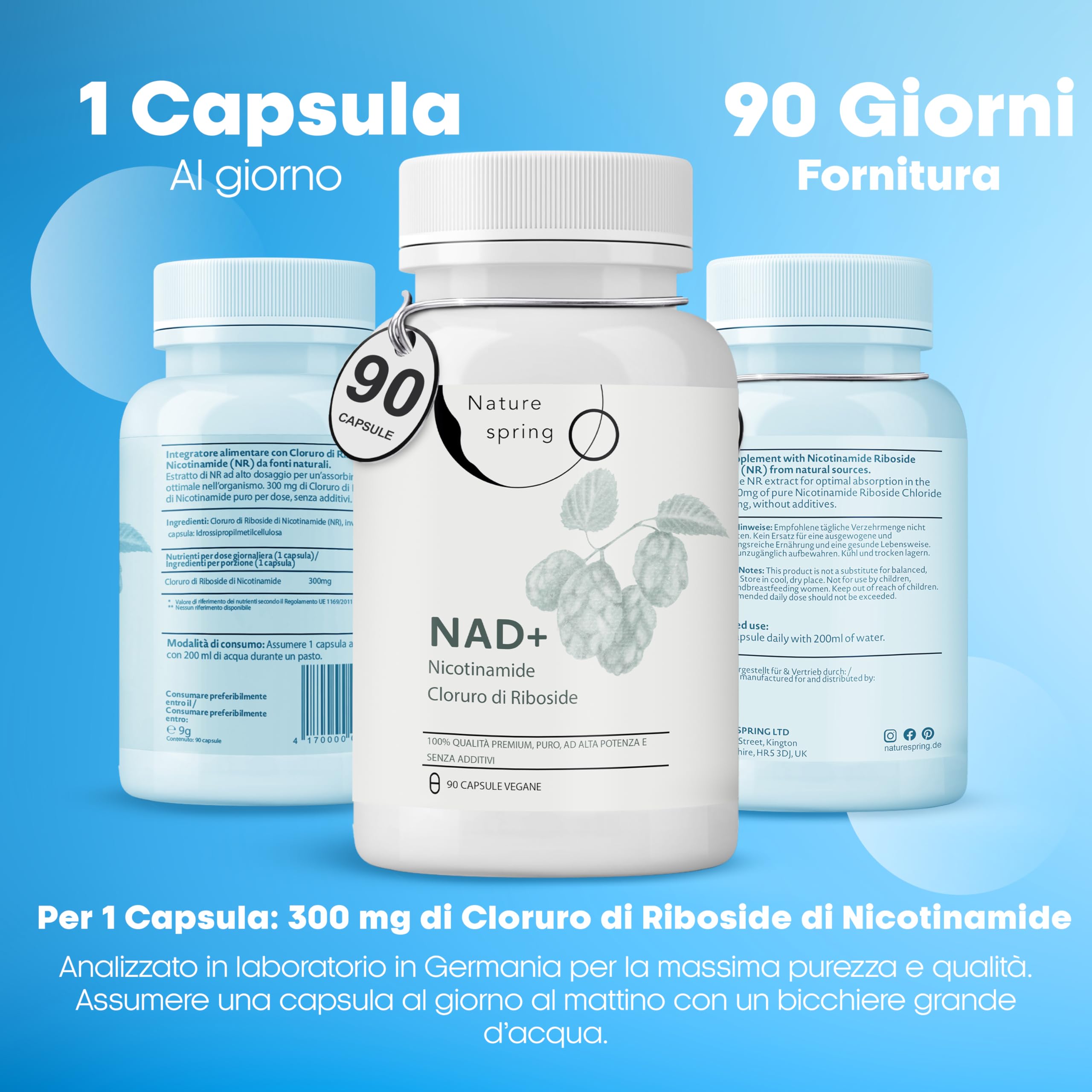 Nad Integratore Nicotinamide Riboside 300 mg - 90 Capsule per 3 Mesi - Testato in Laboratorio in Germania - Potente Supporto di NAD e NAD+ per un Benessere Ottimale