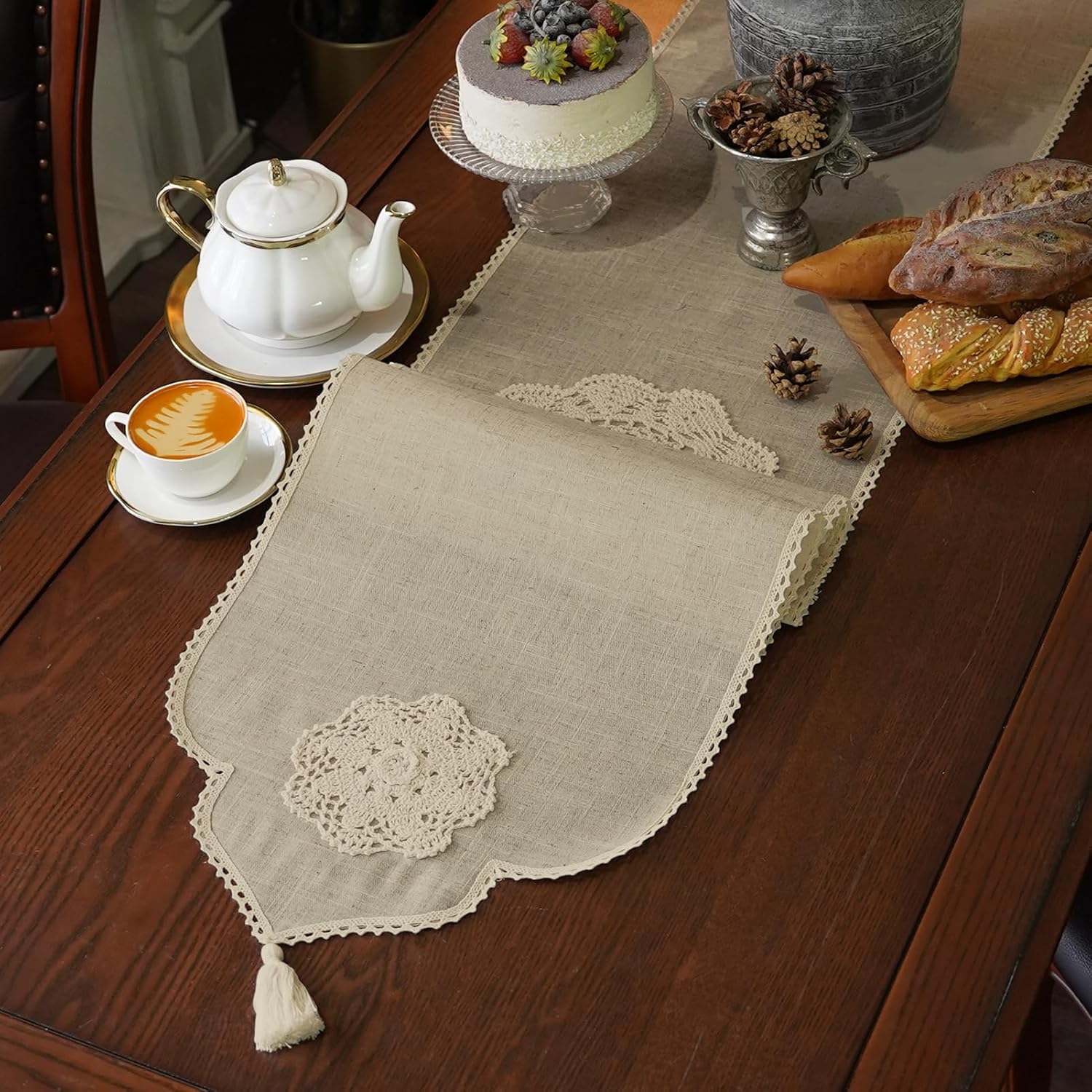 Macrame Table Runner Farmhouse Rustic Dresser Scarf Crochet Handmade Cotton Lace Doily with Tassel for Kitchen Dining Coffee Table Outdoor Fireplace (Beige, 14 x 120 Inches)