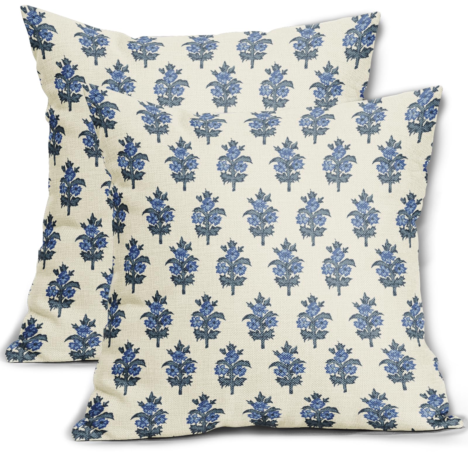Aytipun Blue Floral Block Print Pillow Covers 18x18 Set of 2 Spring Flower Pattern Decorative Throw Pillowcases Outdoor Rustic Farmhouse Square