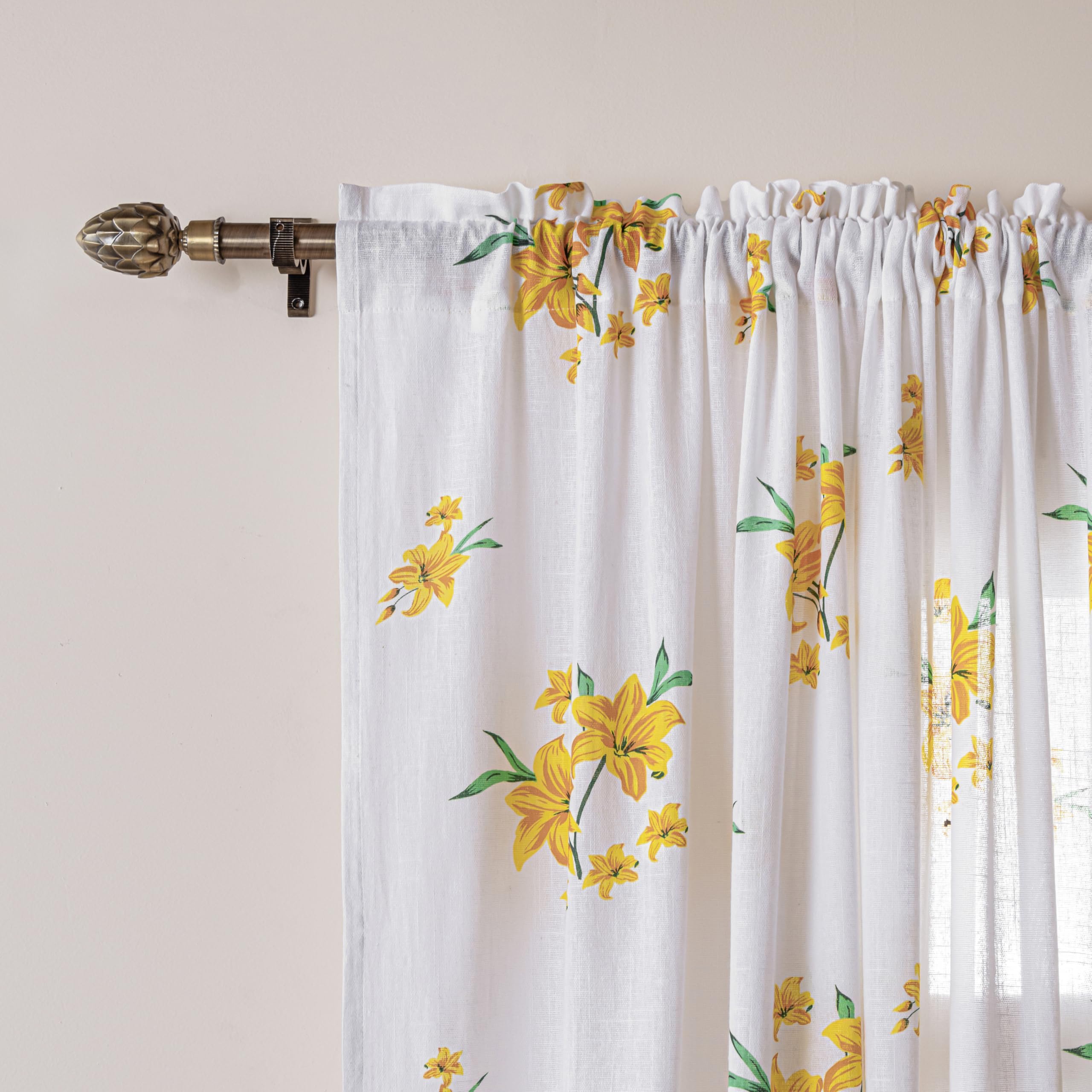 HOMEMONDE Printed Curtains 5 Feet Window - Cotton Sheer Transparent Curtain Set of 2, Hang with Rod Pocket Luxury Light Filtering Drapes - (Yellow Flower, 60 Inch)