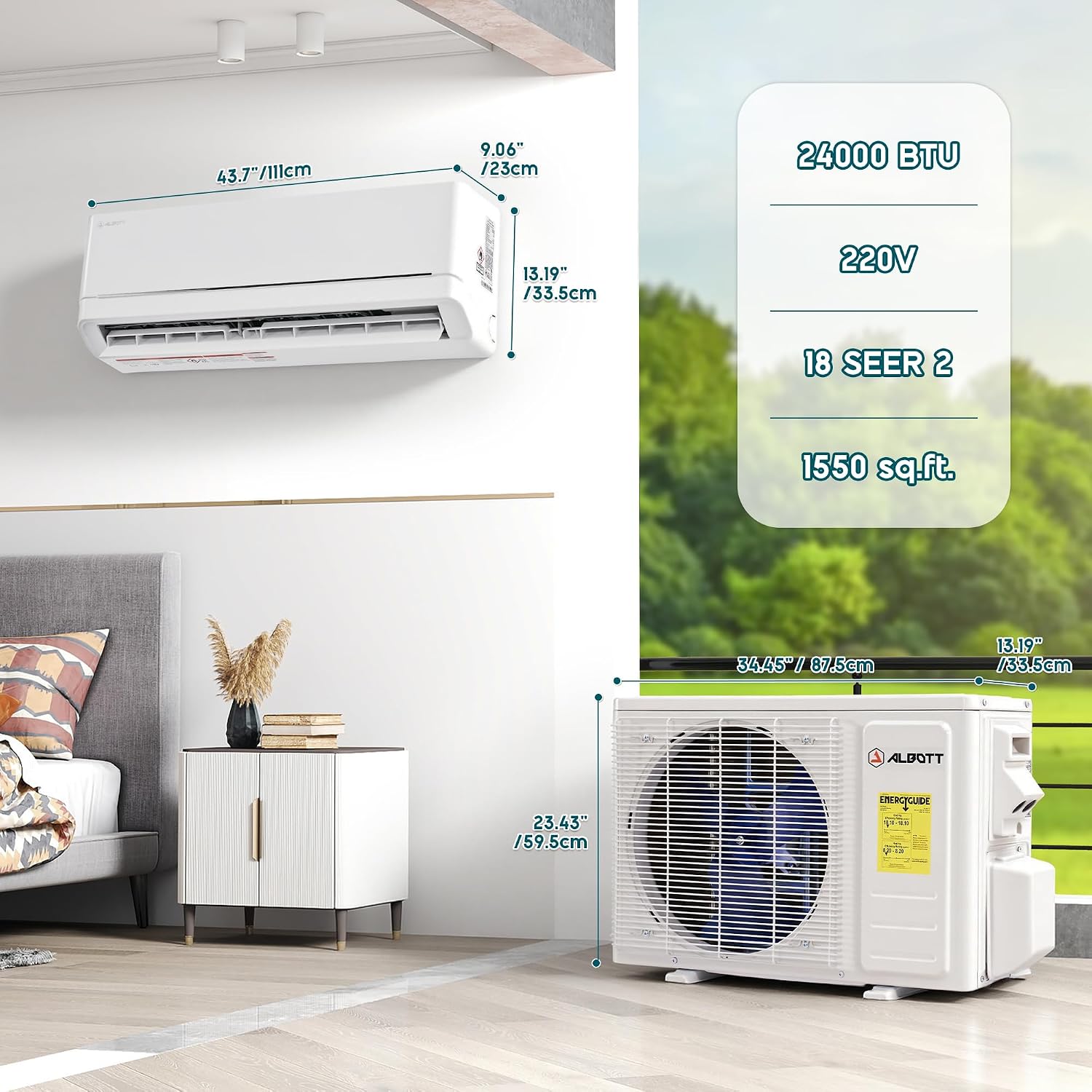 Diagram showing the dimensions of the Albott Mini Split Air Conditioner indoor and outdoor units.