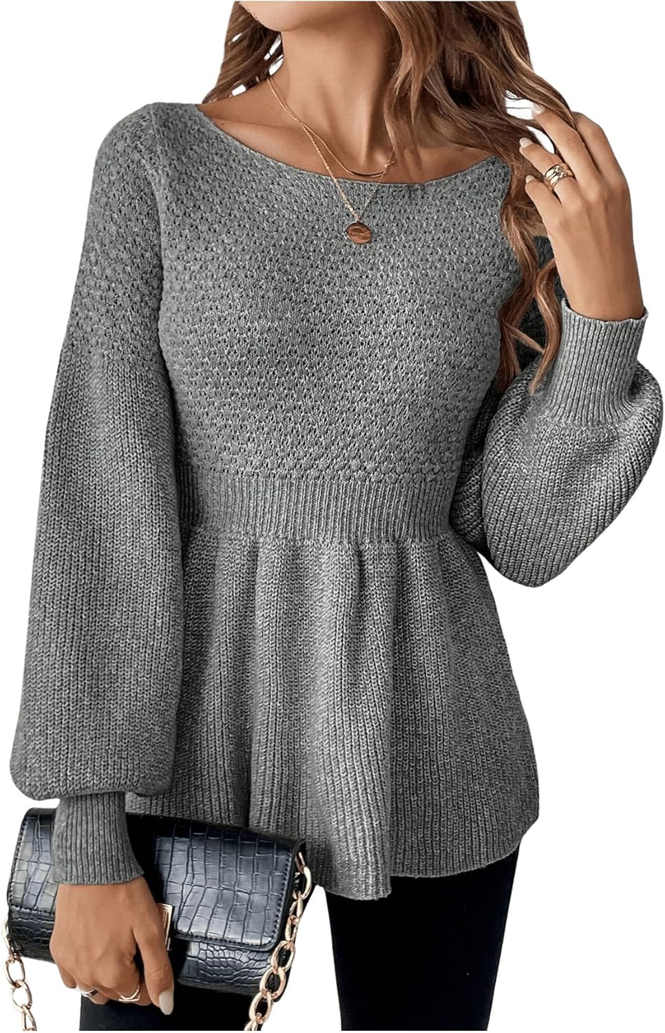 SHENHE Women's Ruffle Knit Sweater Long Sleeve Crew Neck Peplum Top Babydoll Sweater Jumper - Image 4
