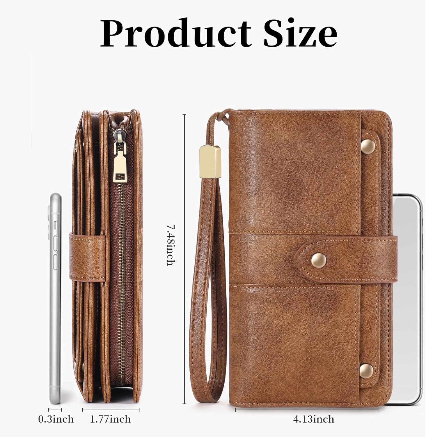 Large Capacity Genuine Leather Wallet for Women RFID Blocking Bifold with Zipper Coin Pocket (Brown)