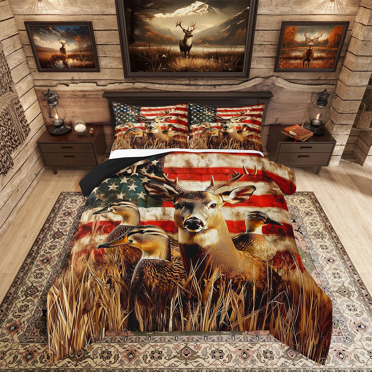 Amercian Flag King Bedding Set,Deer Hunting Comforter Set for Boys Teens Kids Rustic Duck Country Cabin Jungle Down Comforetr,Farmhosue Woodland Camouflage Wildlife Animal Bed Set,Red And Blue
