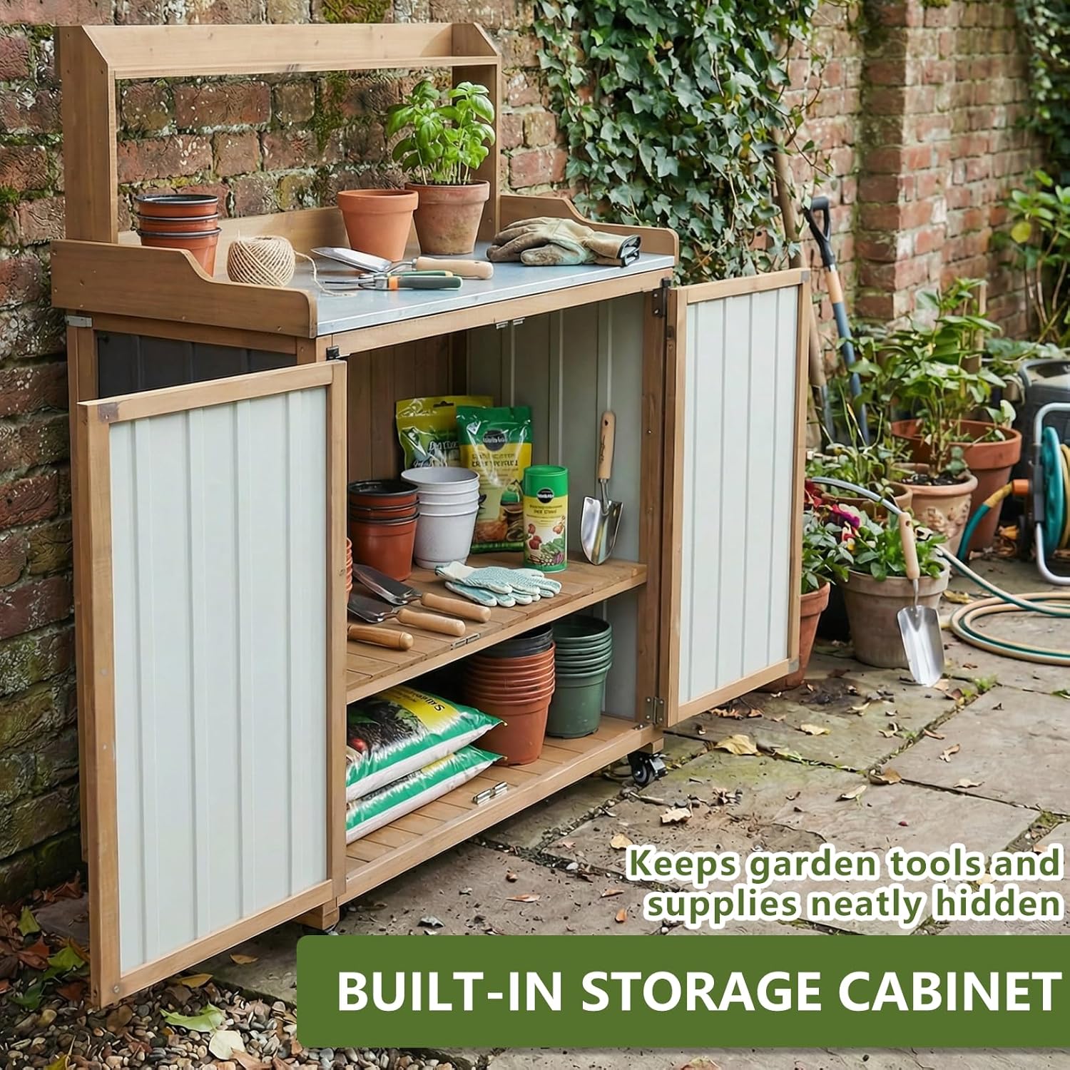 Outdoor Potting Bench with Storage, Potting Table with Metal Top, Garden Workstation Cabinet with Shelf, Rolling Outdoor Work Table for Backyard Patio Gardening