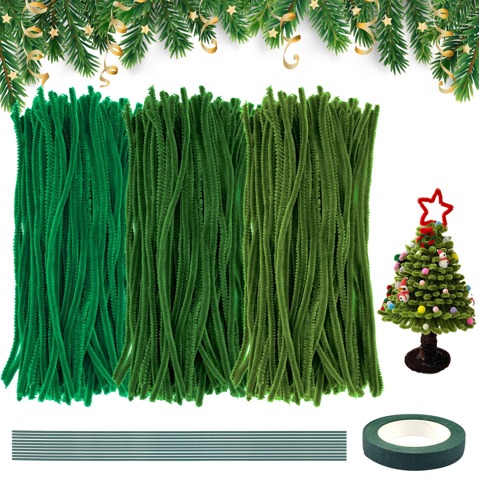 3 Styles Cleaner for Craft and Pipe, ABOUT 300 Pcs Chenille Stem, 30cm Long for Christmas DIY, with Tapes and Flower Stems — image 1